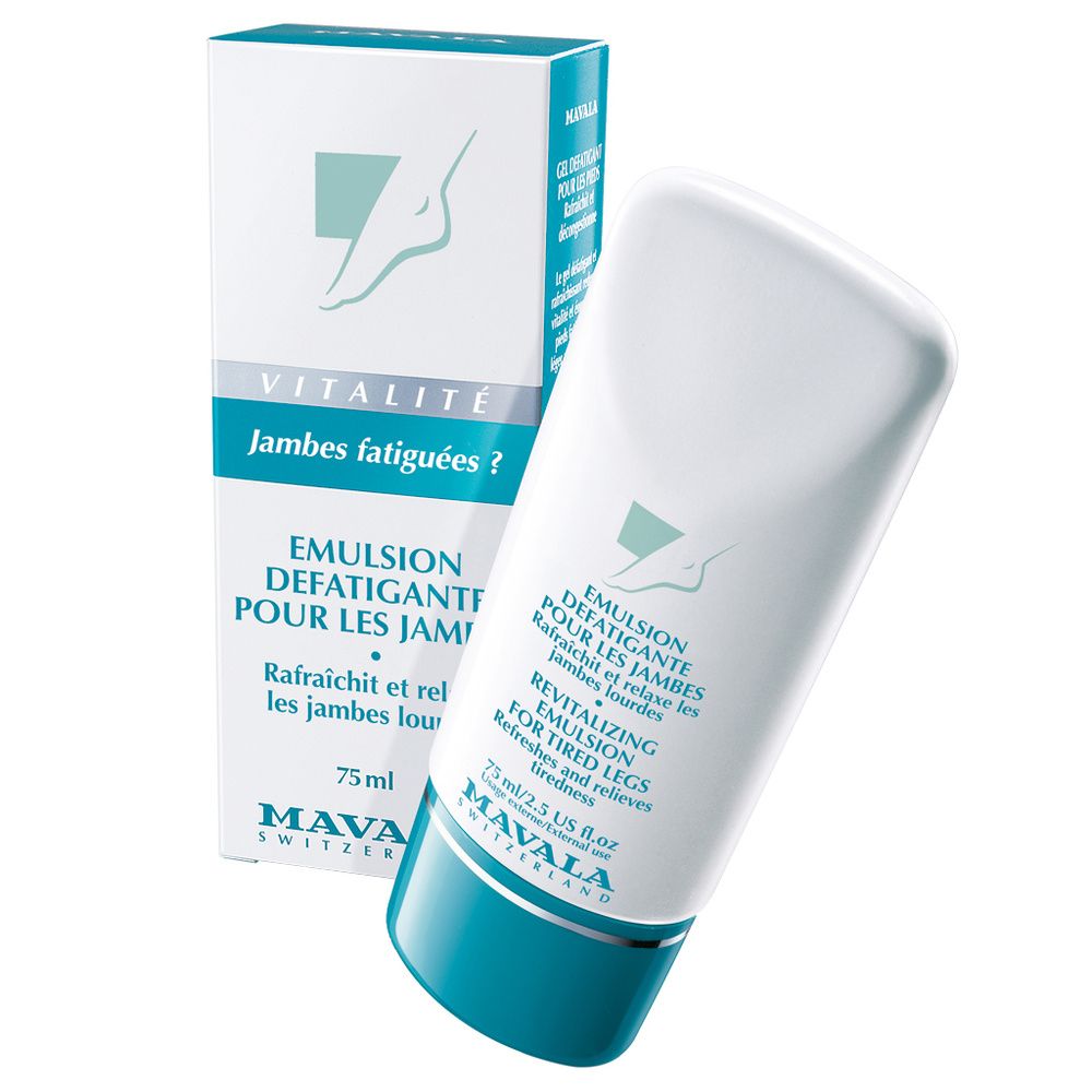 Weiße Tube mit blauem Deckel. Aufschrift: Emulsion für müde Beine. Marke Mavala. 75 ml.