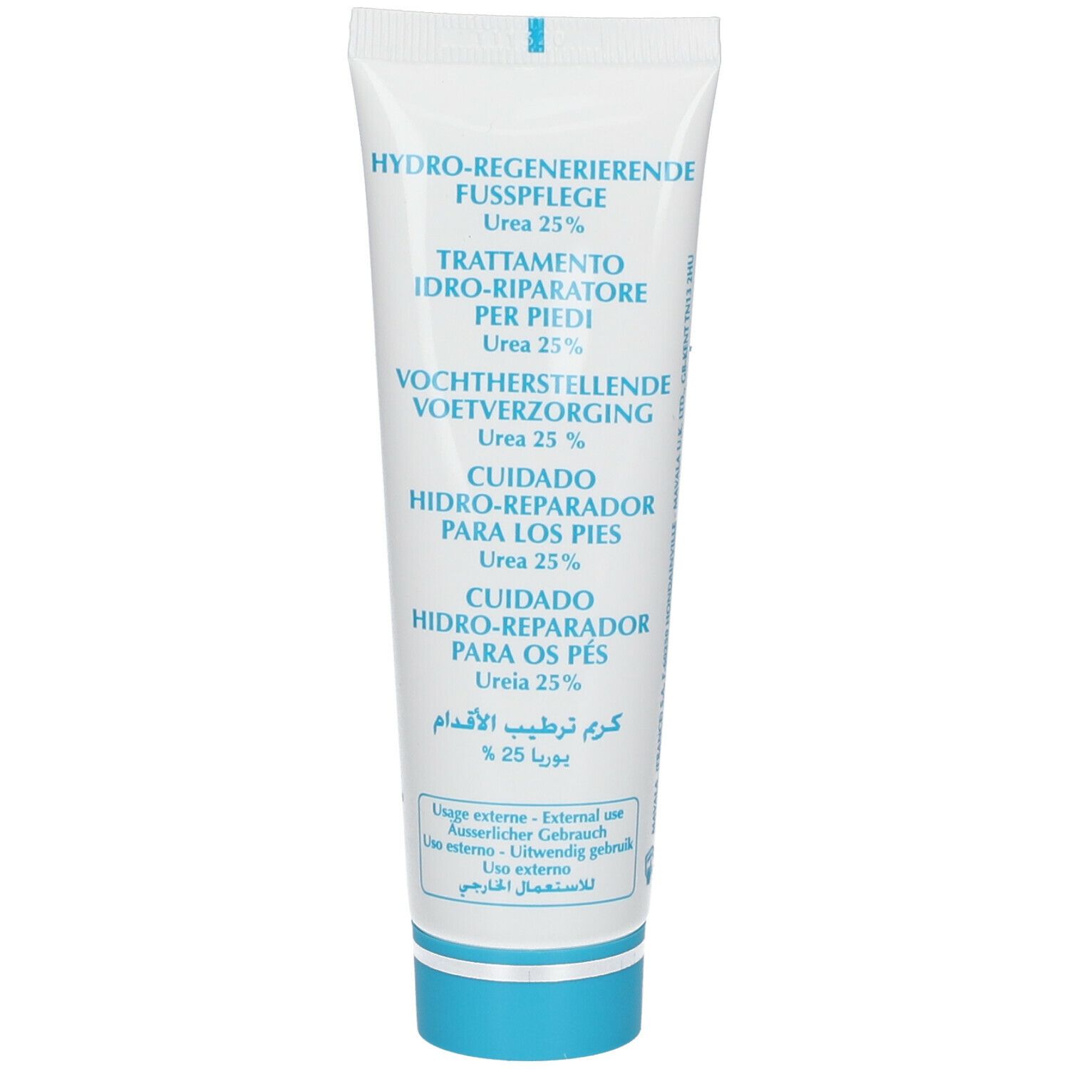 Tube blanc de crème pour les pieds. Texte multilingue: Hydro-Regenerierende Fußpflege, Urée 25%, etc. Bouchon bleu.