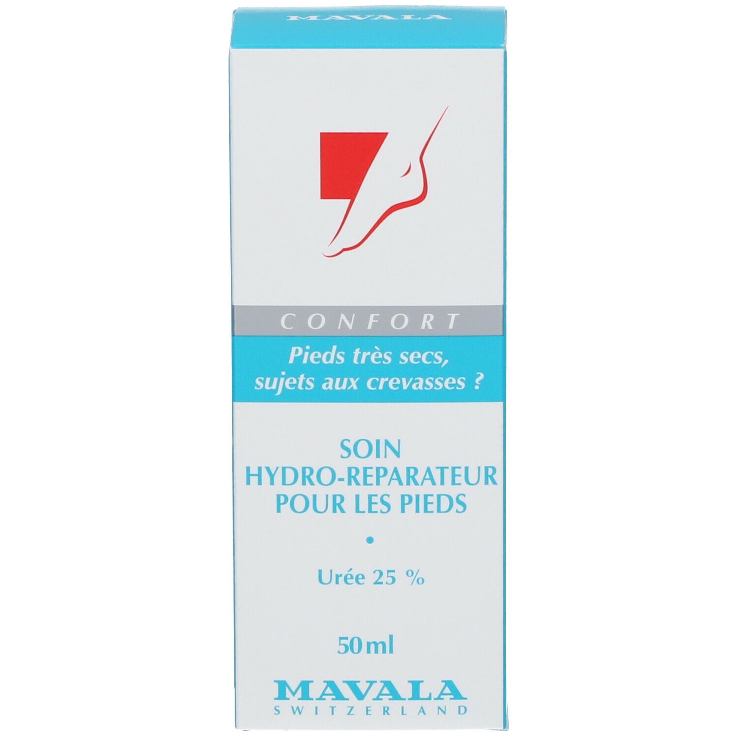 Boîte bleue de crème pour les pieds. Silhouette de pied rouge, texte: Confort, Soin Hydro-Reparateur, Urée 25%, Mavala.