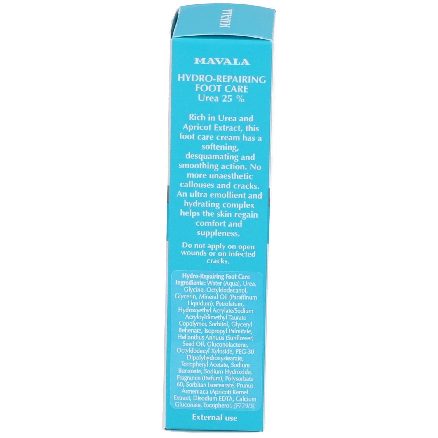 Dos de la boîte bleue. Texte: Hydro-Repairing Foot Care, ingrédients, instructions d'utilisation. Usage externe.