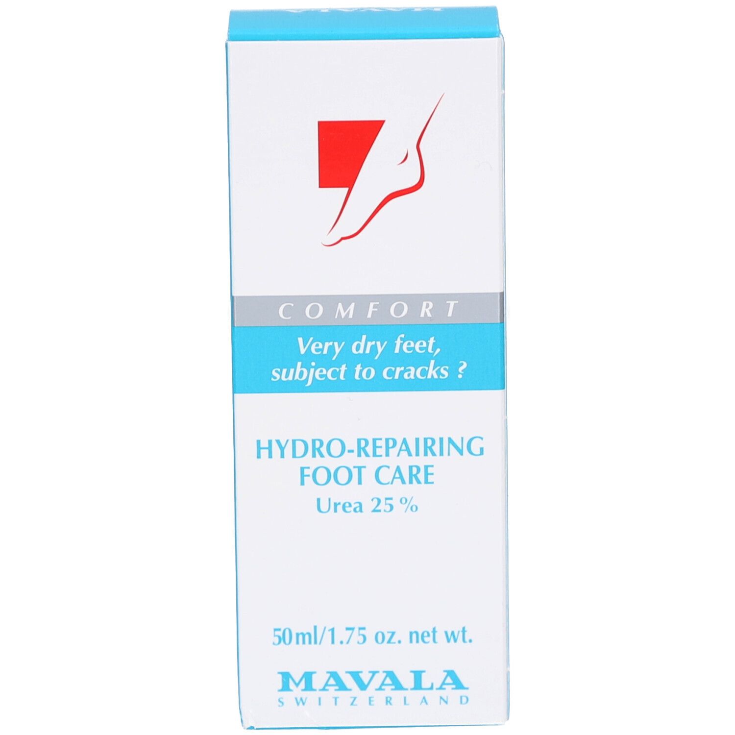 Karton mit Text: CONFORT, Very dry feet, subject to cracks ? HYDRO-REPAIRING FOOT CARE, Urea 25%. Marke: MAVALA.