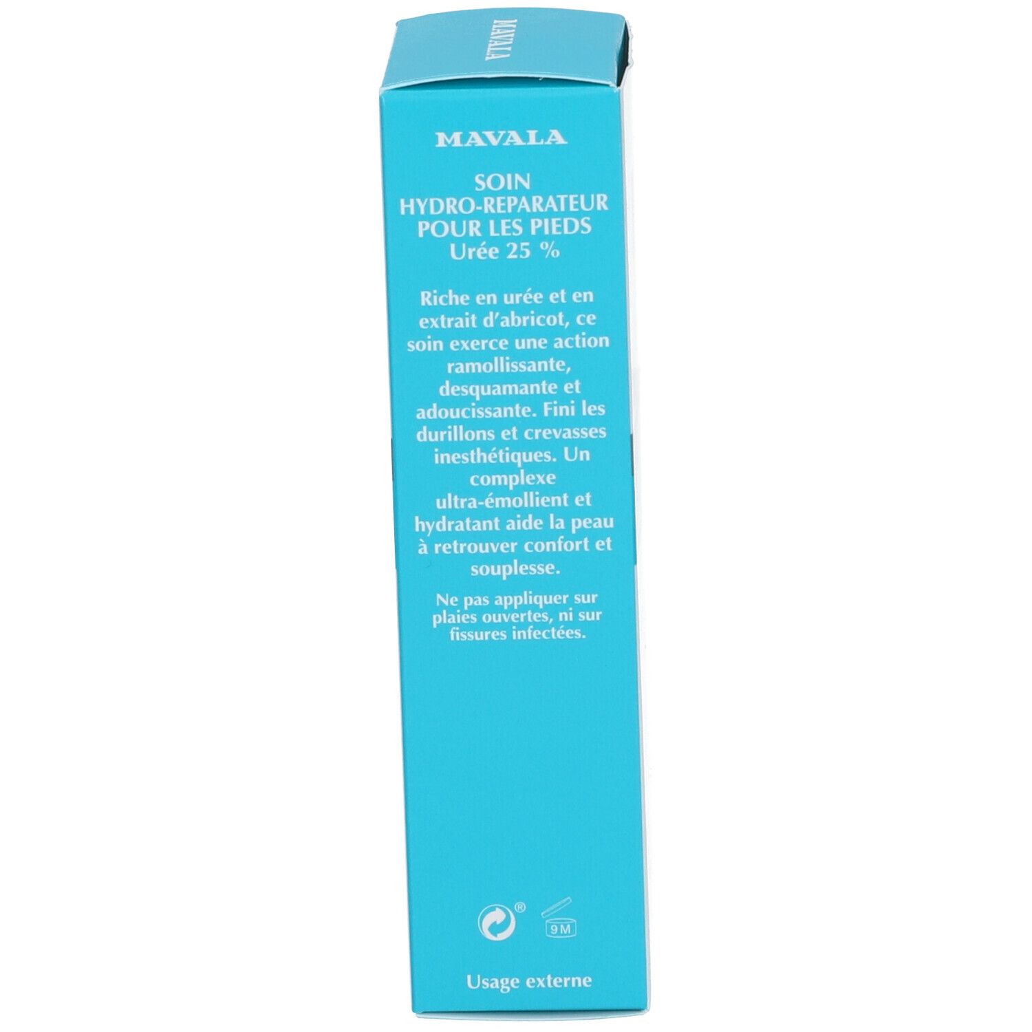 Côté de la boîte bleue. Texte: Soin Hydro-Reparateur, Urée 25%. Usage externe. Logo.
