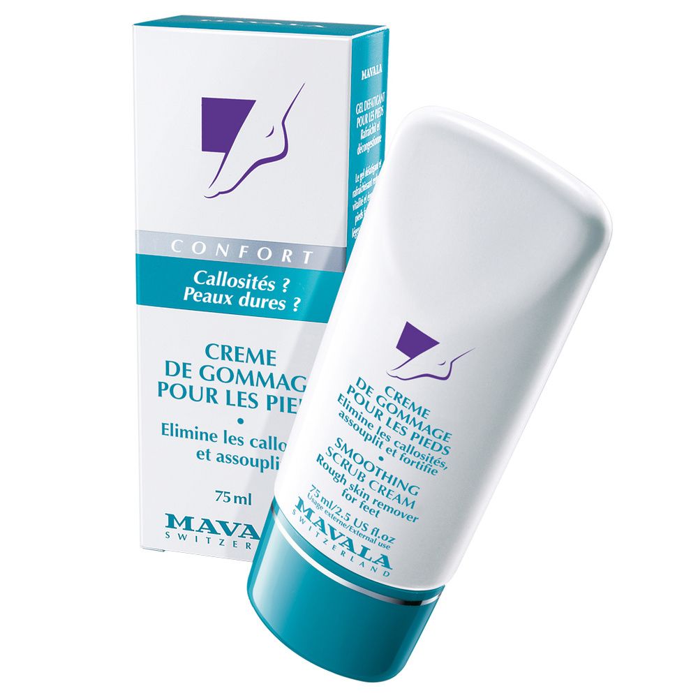 Tube et boîte blancs. Inscription : Crème de gommage pour les pieds. Marque : Mavala.