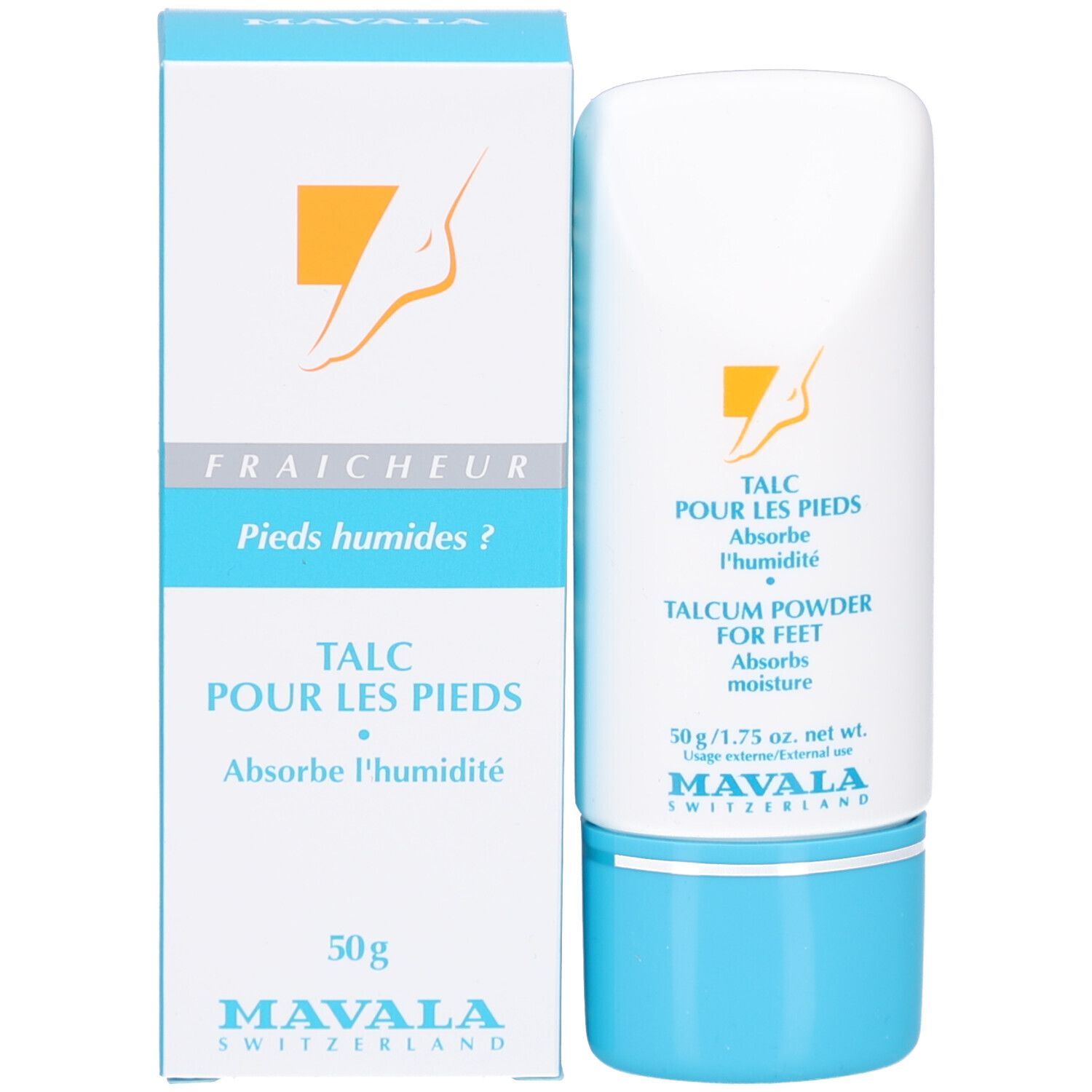 Produkt und Verpackung. Weiß-blaue Flasche und Schachtel. Text: TALCUM POWDER FOR FEET, MAVALA SWITZERLAND.