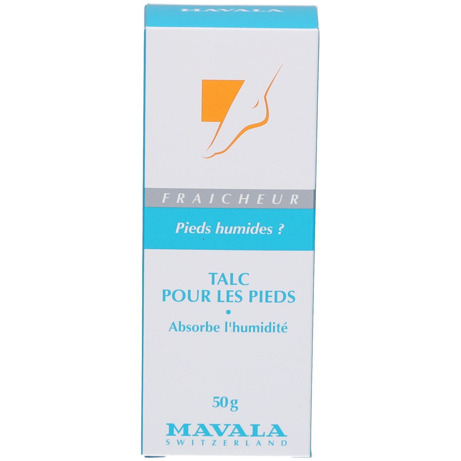 Weiße Schachtel mit blauem Streifen. Text: TALCUM POWDER FOR FEET, MAVALA SWITZERLAND. Fuß-Symbol.