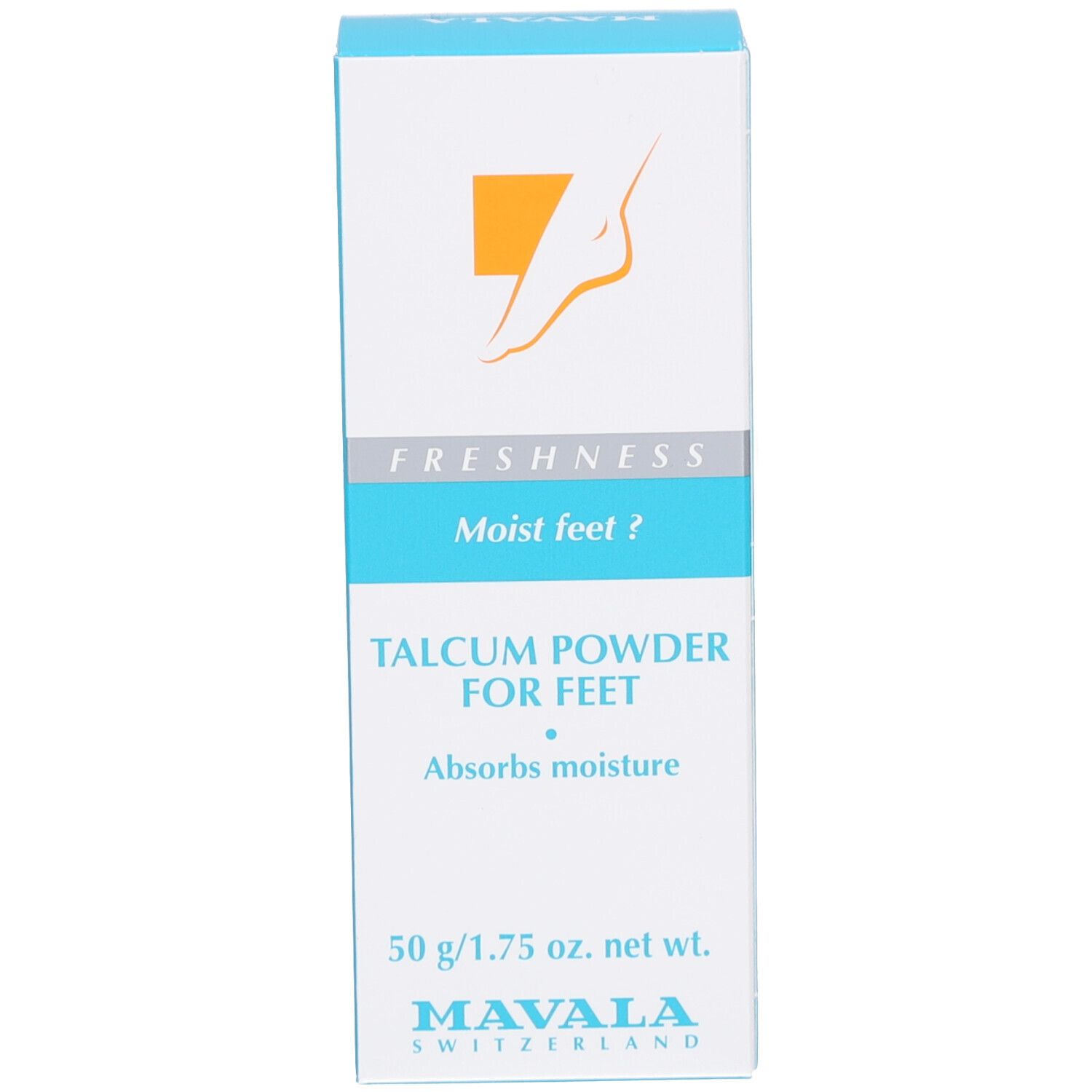 Weiße Schachtel mit blauem Streifen. Text: TALC POUR LES PIEDS, MAVALA. Fuß-Symbol.