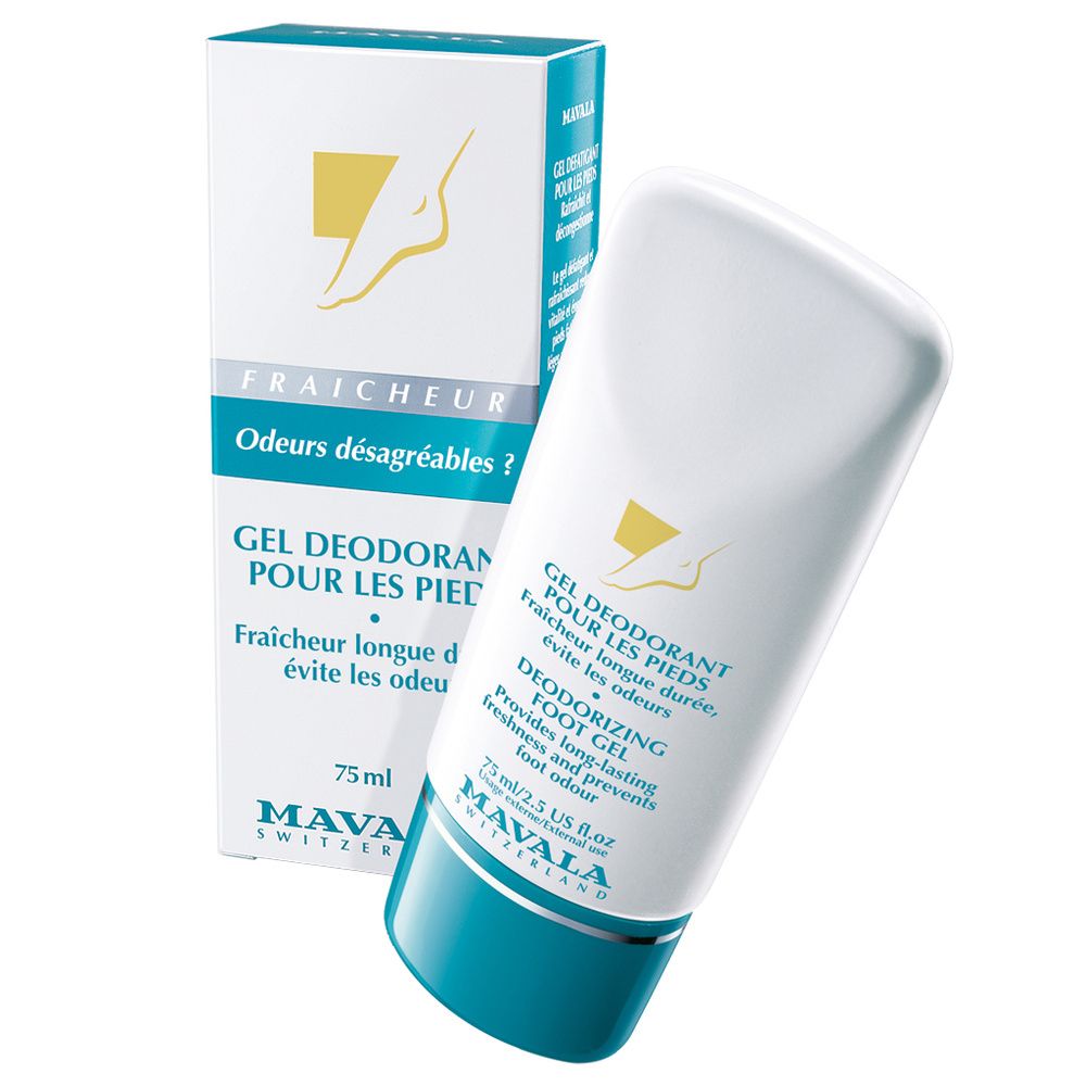 Tube et boîte blanc et bleu. Inscription: GEL DEODORANT POUR LES PIEDS, MAVALA. Illustration de pied. 75 ml.
