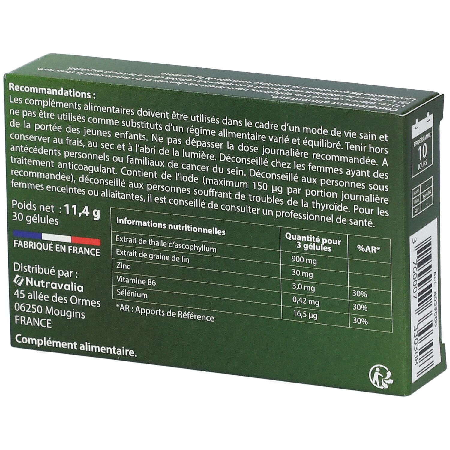 Rückseite der LUXÉOL-Schachtel. Enthält Nährwertangaben und Inhaltsstoffe. Hergestellt in Frankreich. 30 Kapseln.