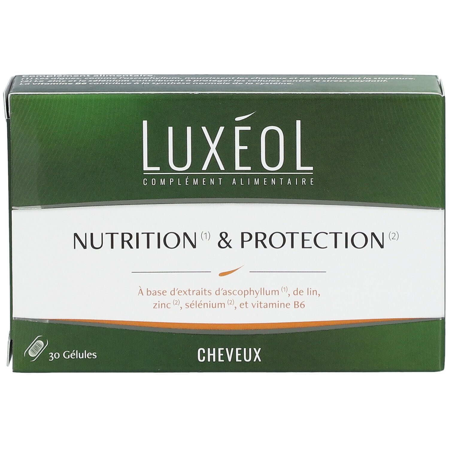 Grüne Schachtel LUXÉOL, 'Nutrition & Protection'. Enthält 30 Kapseln. Text: 'Cheveux'. Inhaltsstoffe: Zink, Selen, Vitamin B6.
