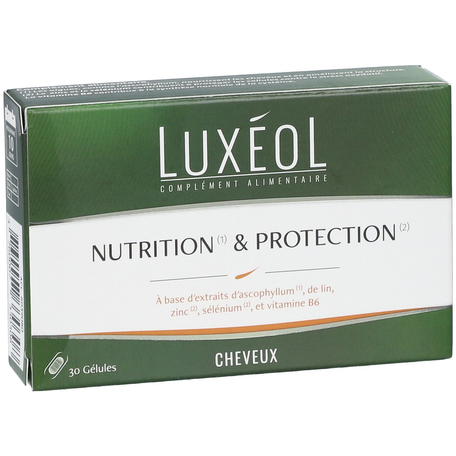 LUXÉOL-Schachtel, 'Nutrition & Protection'. Grüne Verpackung mit 30 Kapseln. Text: 'Cheveux'.