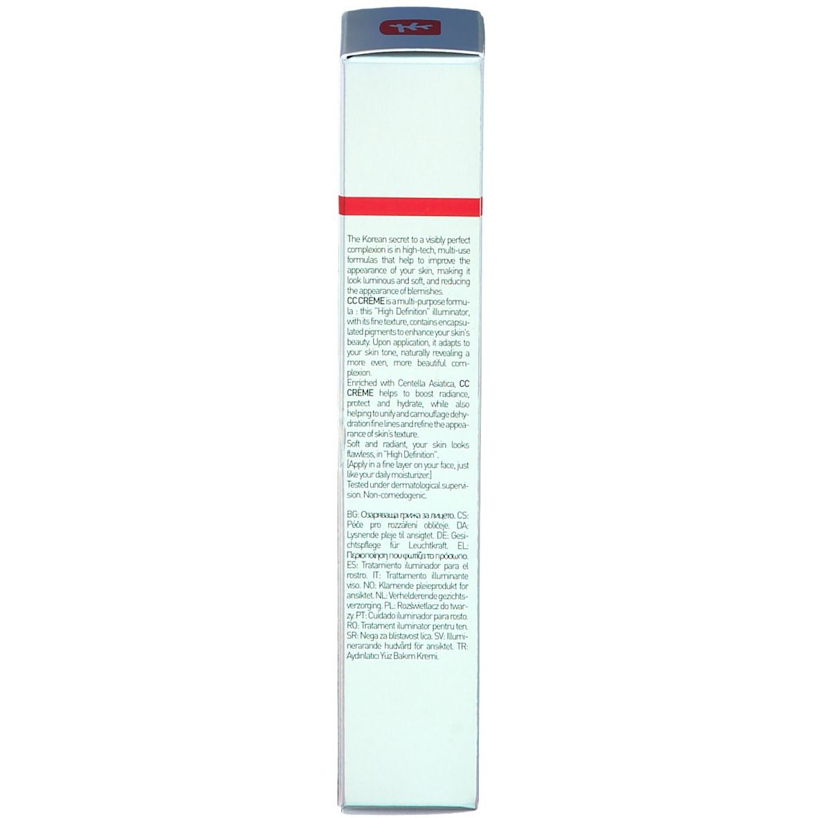 Boîte avec texte. Nom du produit non visible. Texte en plusieurs langues. Couvercle rouge.