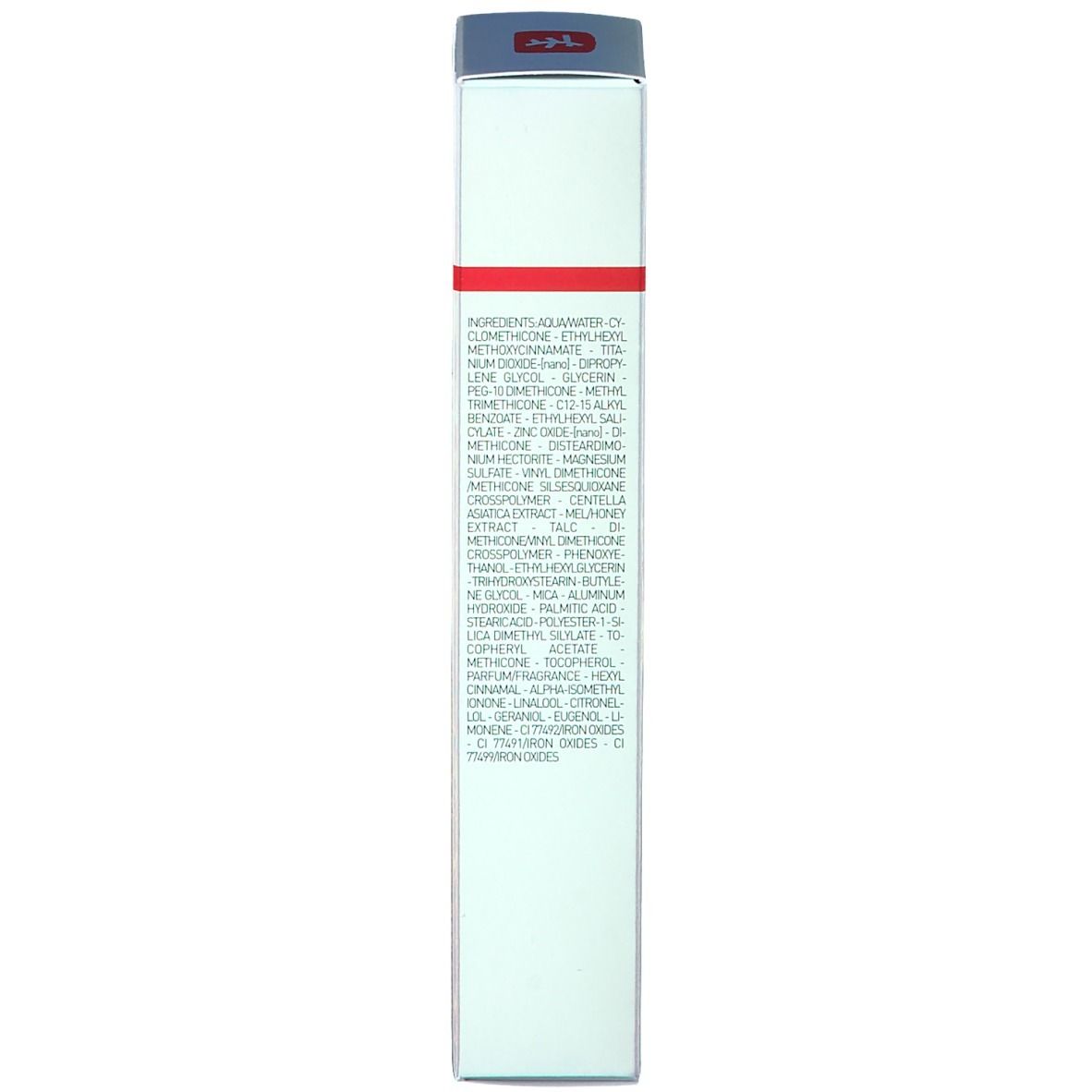Boîte avec texte. Nom du produit non visible. Texte en plusieurs langues. Couvercle rouge.