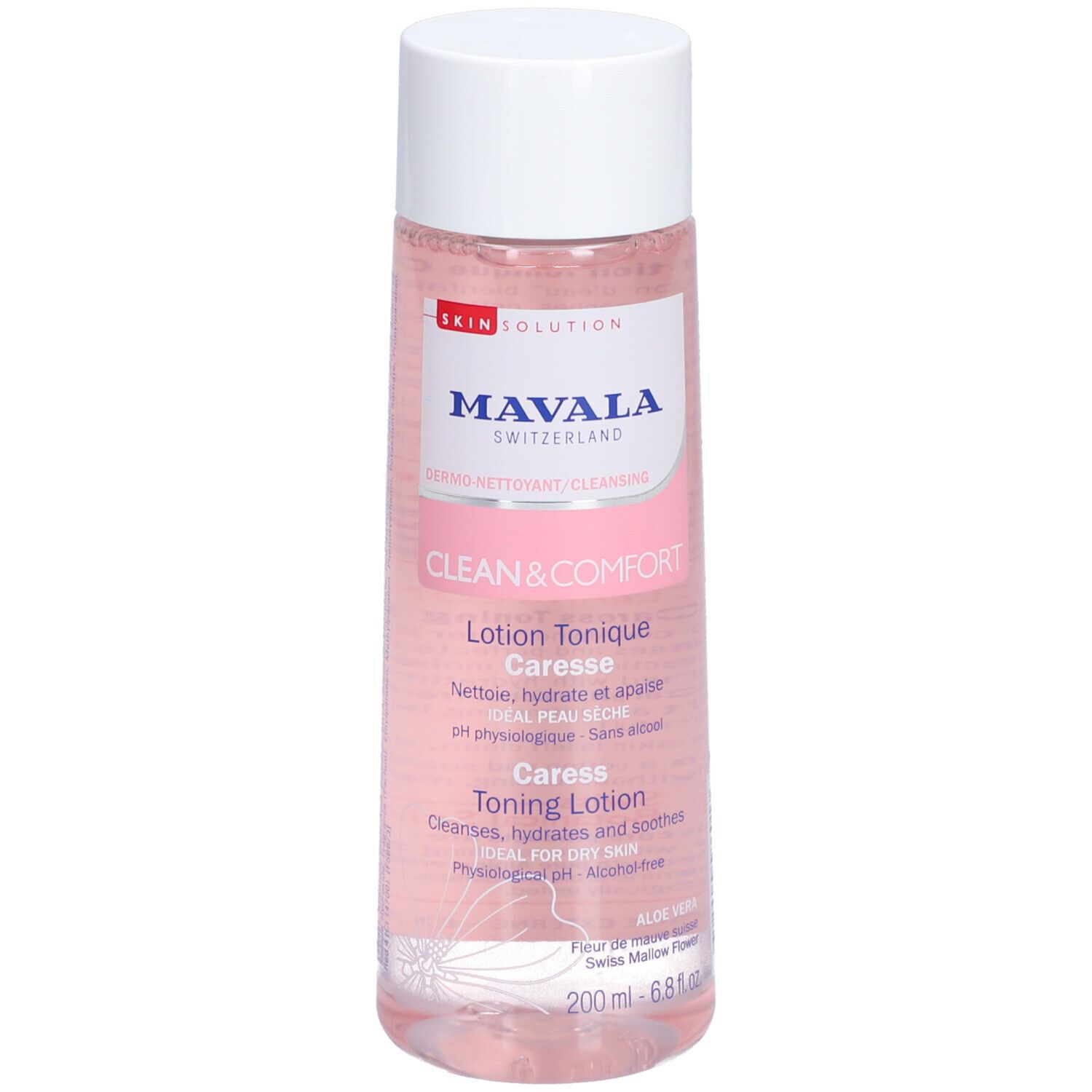Flacon cylindrique à bouchon blanc. Inscriptions: Mavala, Clean & Comfort, Lotion Tonique Caresse, 200 ml.