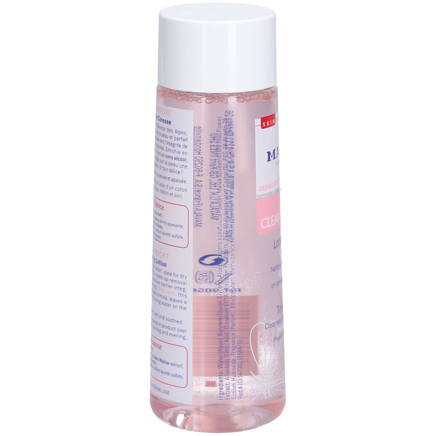 Dos du flacon. Texte multilingue. Logos et informations produit. Liquide transparent.
