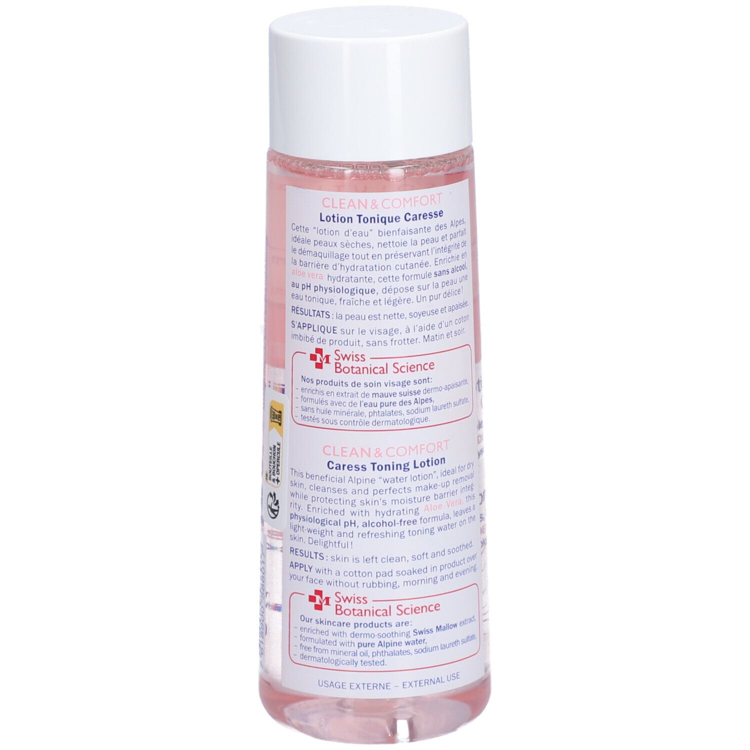 Dos du flacon. Texte multilingue. Logos et informations produit. Liquide transparent.