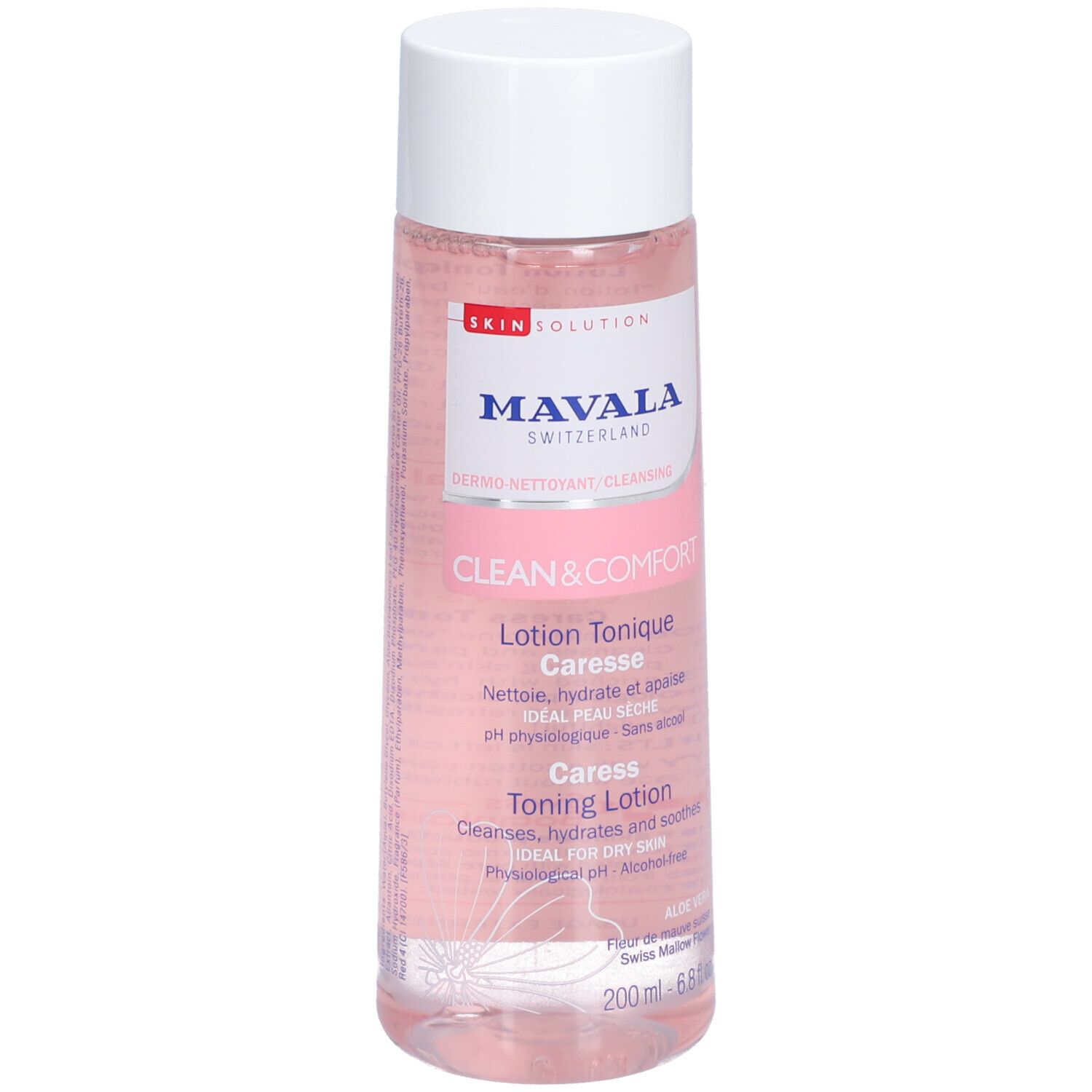 Flacon cylindrique à bouchon blanc. Inscriptions: Mavala, Clean & Comfort, Lotion Tonique Caresse, 200 ml.