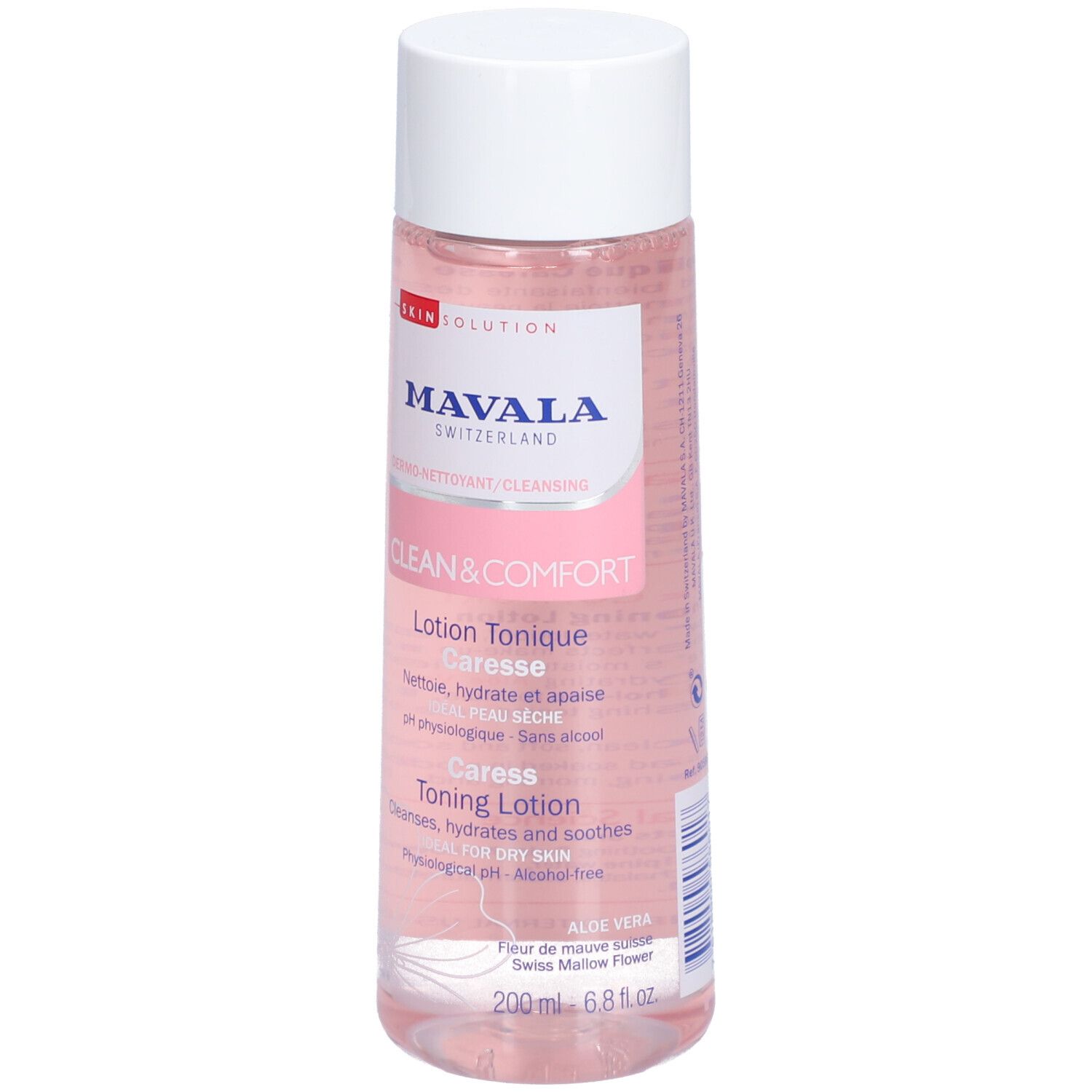 Flacon cylindrique à bouchon blanc. Inscriptions: Mavala, Clean & Comfort, Lotion Tonique Caresse, 200 ml.