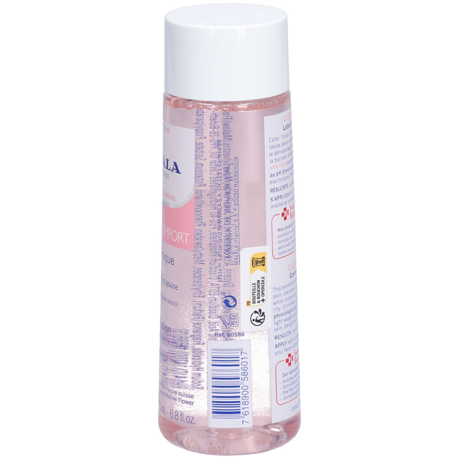Dos du flacon. Texte multilingue. Logos et informations produit. Liquide transparent.