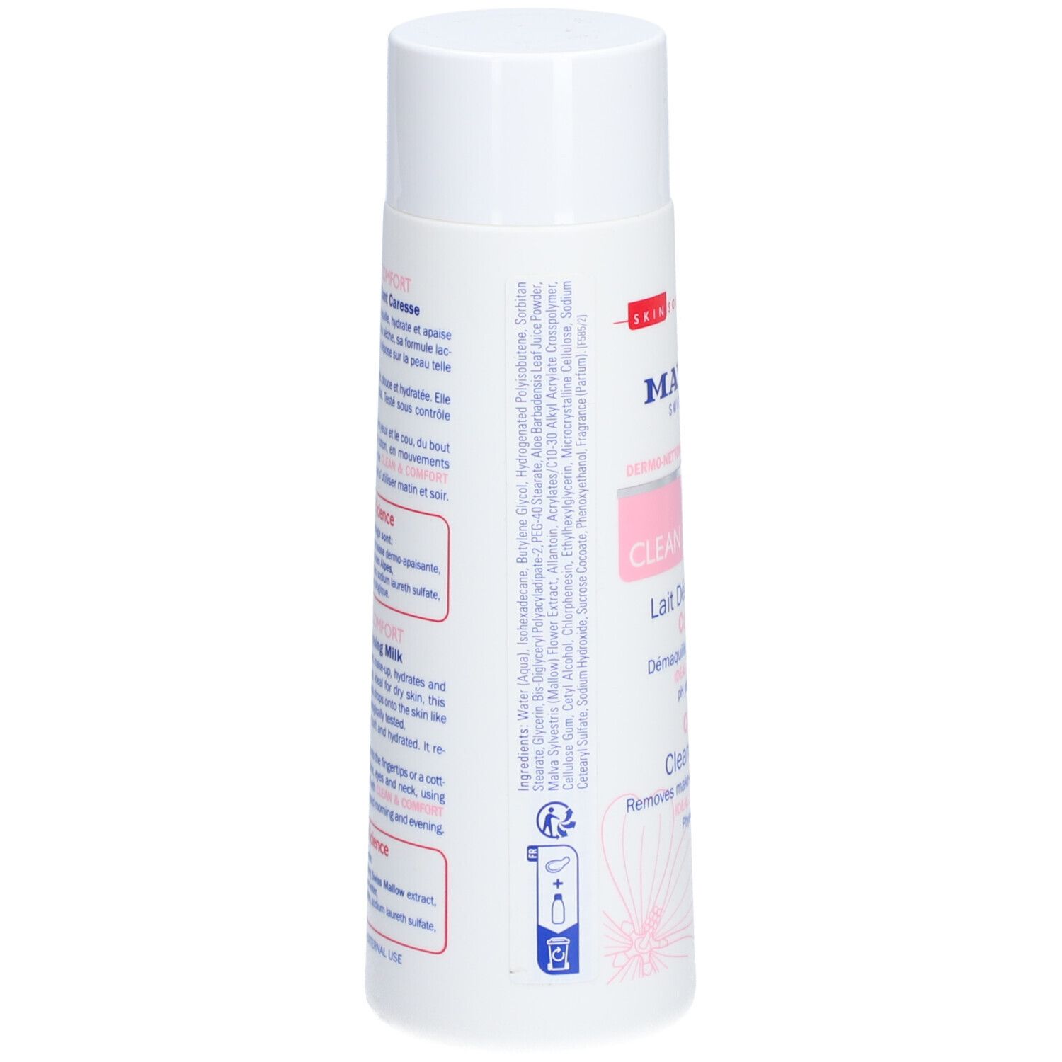 Dos du flacon blanc. Texte: Ingrédients, instructions d'utilisation. Logos et pictogrammes. Flacon avec bouchon blanc.