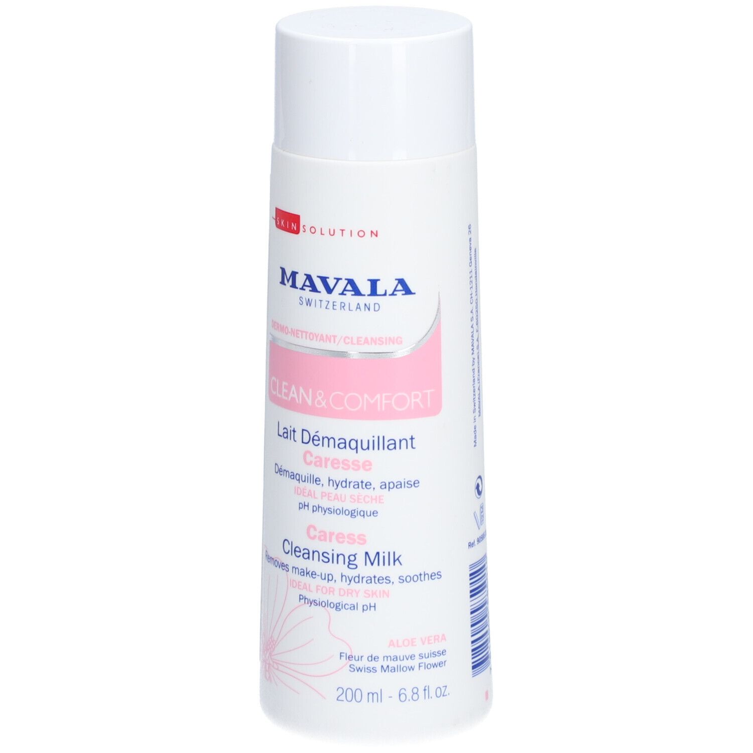 Flacon blanc avec étiquette rose. Texte: MAVALA, CLEAN & COMFORT, Lait Démaquillant. Contient Aloe Vera et Fleur de mauve suisse.