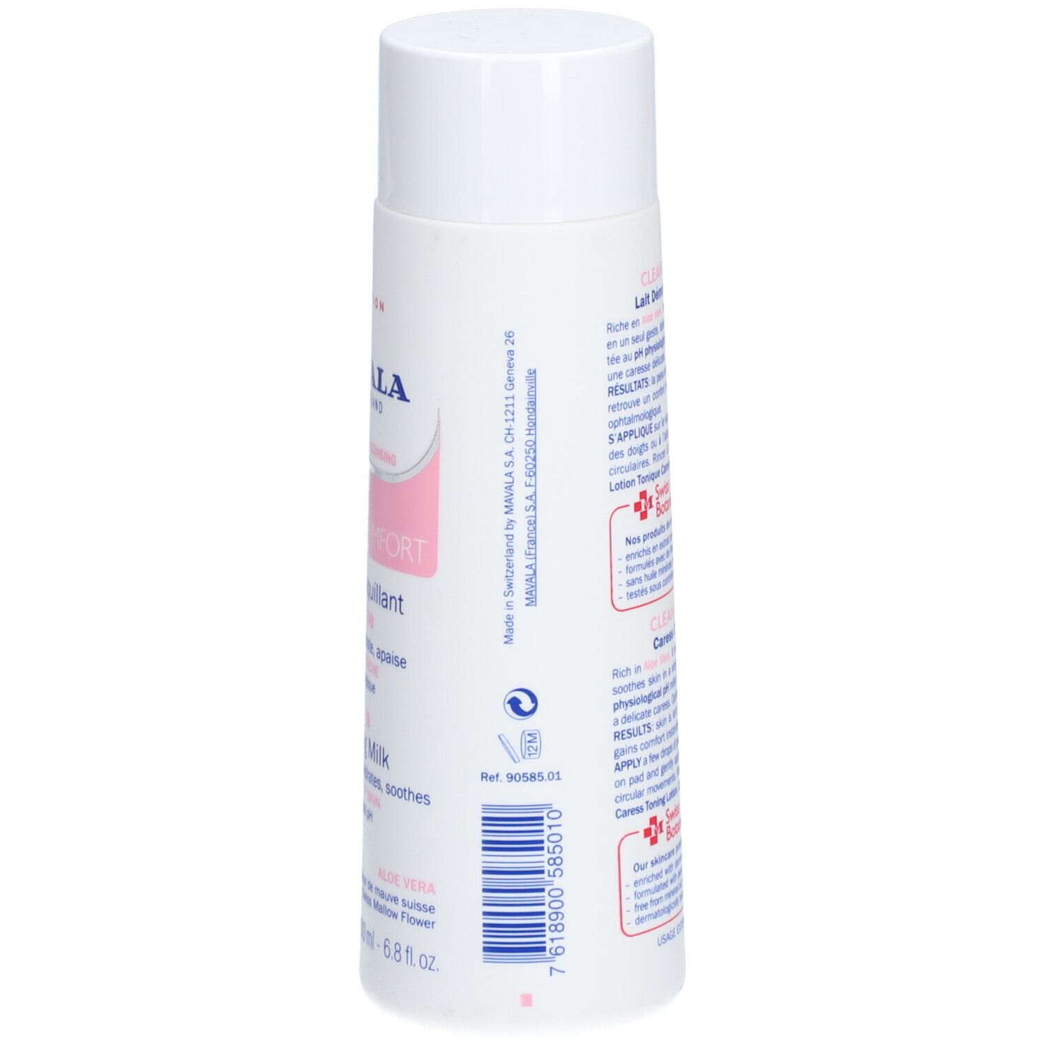 Dos du flacon blanc. Texte: MAVALA, CLEAN & COMFORT, Lait Démaquillant. Code-barres. Flacon avec bouchon blanc.