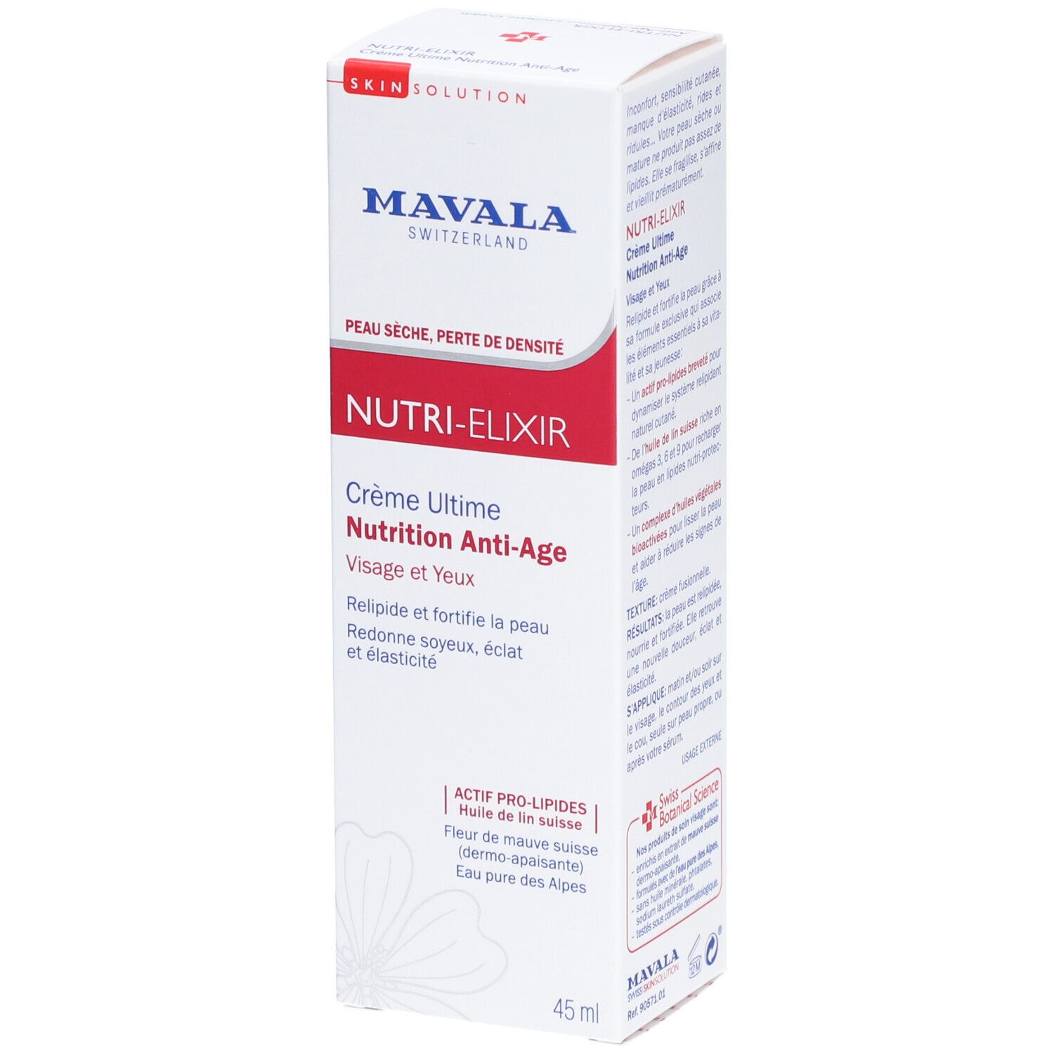 Boîte blanche avec texte rouge et bleu. Contient de la crème. Texte: NUTRI-ELIXIR, Crème Ultime Nutrition Anti-Age, 45 ml.