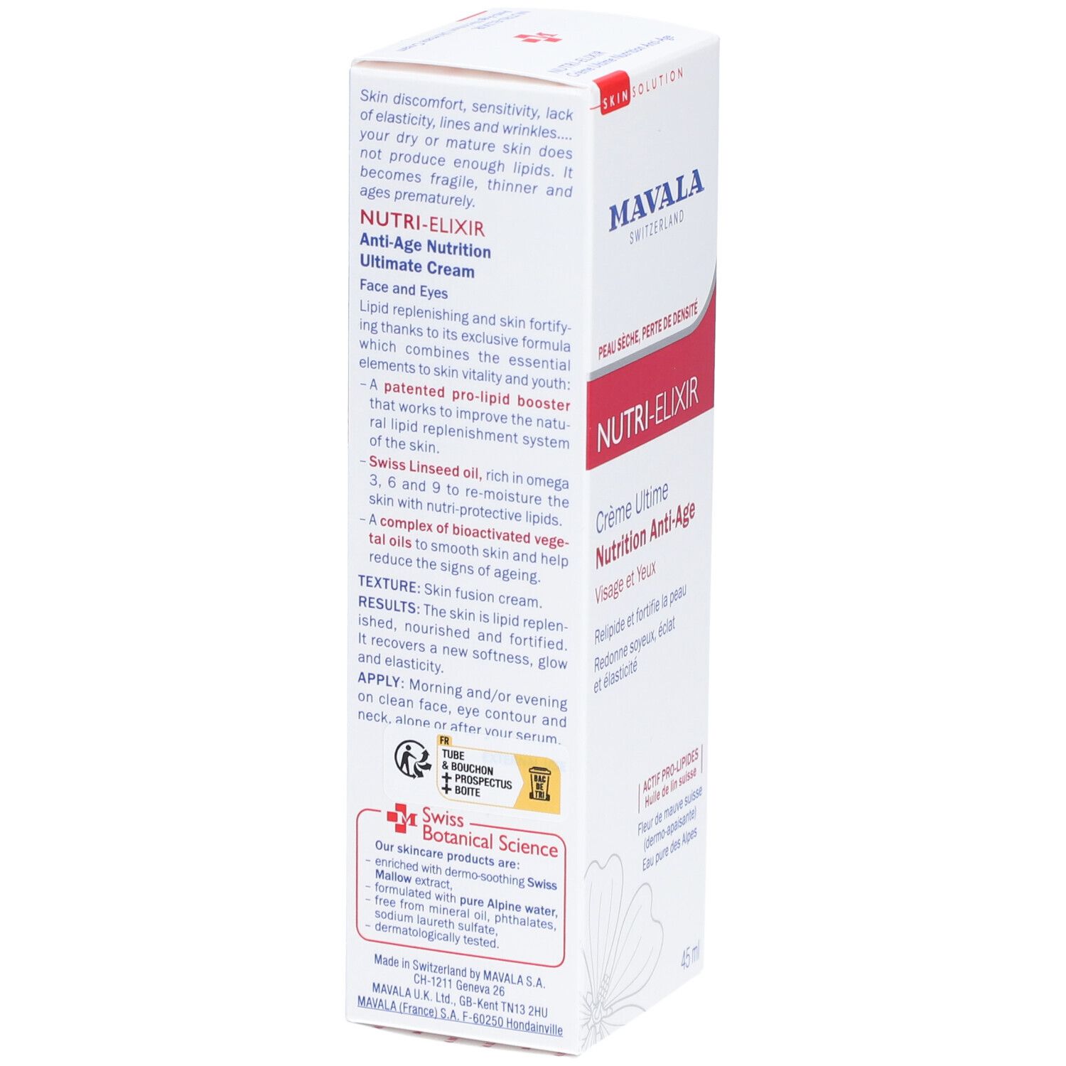 Boîte blanche avec texte rouge et bleu. Texte: NUTRI-ELIXIR, Ultimate Nutrition Anti-Age, Face and Eyes. Swiss Botanical Science.