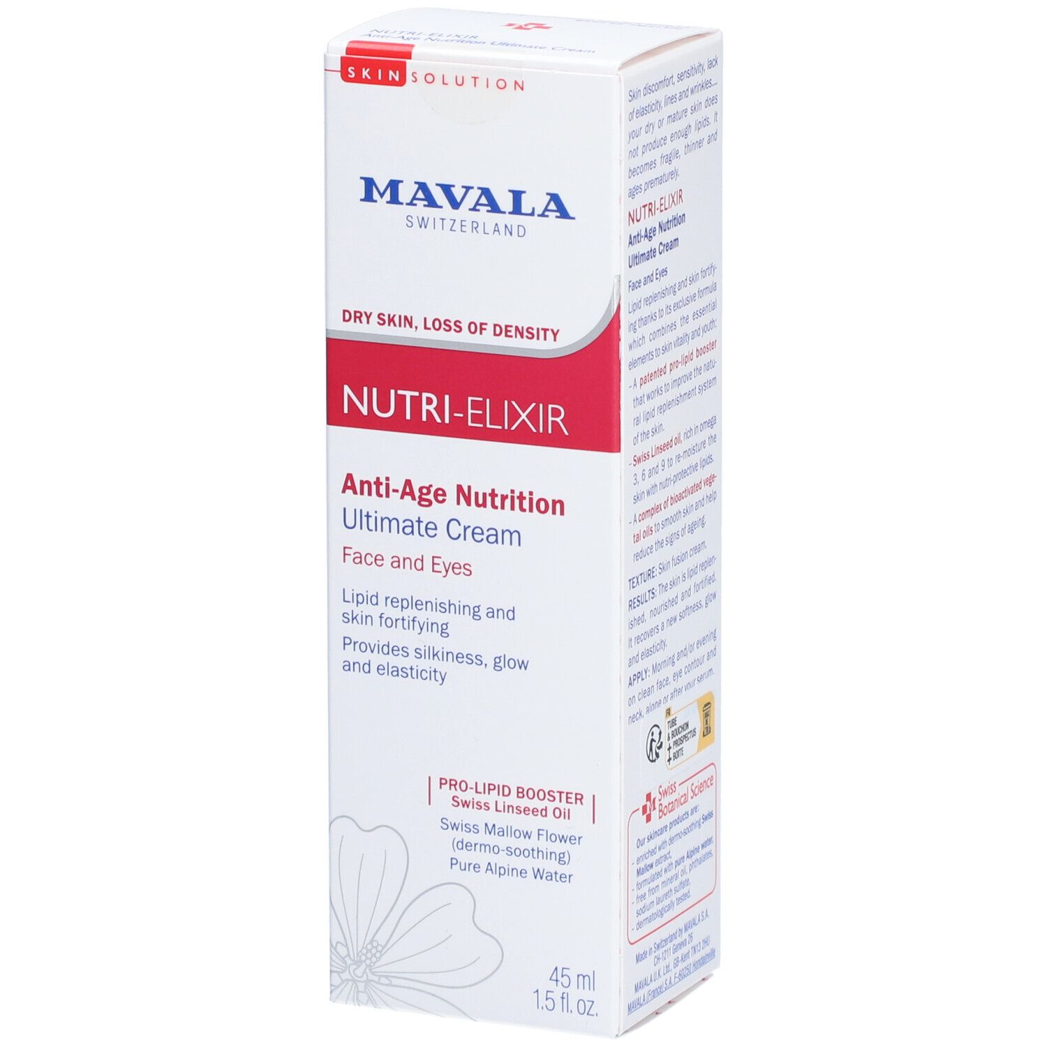 Boîte blanche avec texte rouge et bleu. Texte: NUTRI-ELIXIR, Anti-Age Nutrition Ultimate Cream, Face and Eyes, 45 ml.