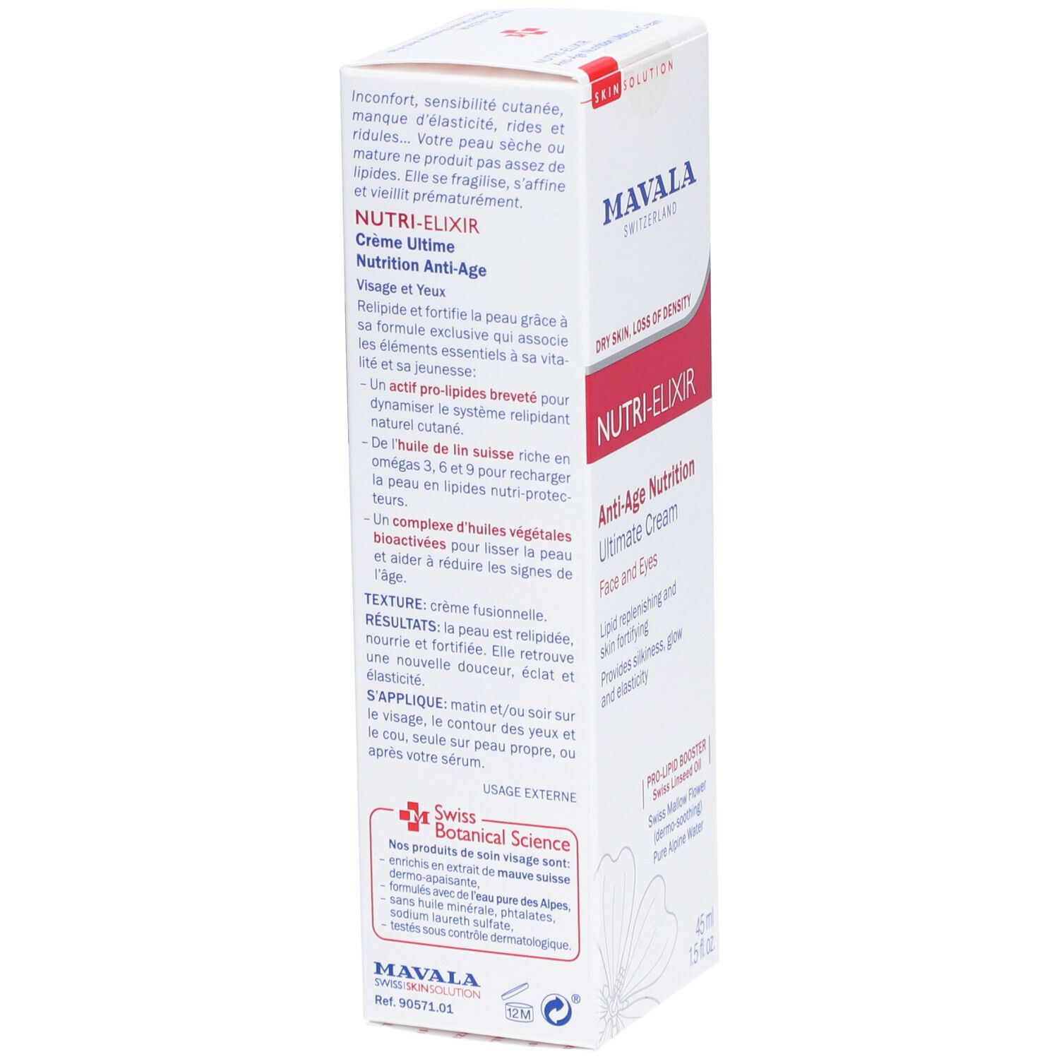 Boîte blanche avec texte rouge et bleu. Texte: NUTRI-ELIXIR, Crème Ultime Nutrition Anti-Age, Face and Eyes, 45 ml.