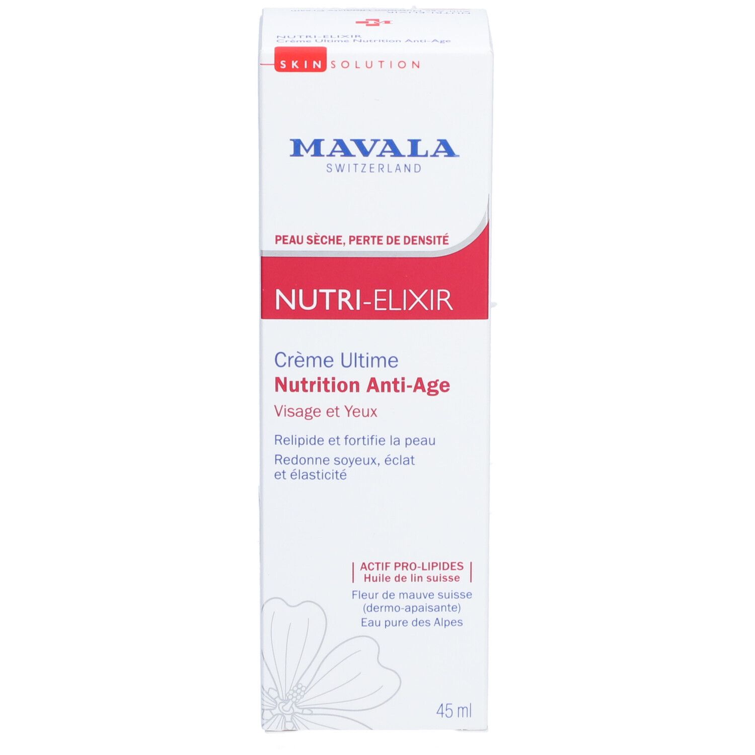 Boîte blanche avec texte rouge et bleu. Texte: NUTRI-ELIXIR, Crème Ultime Nutrition Anti-Age, Face and Eyes, 45 ml.