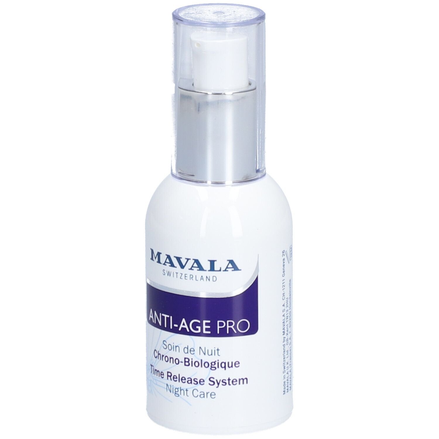 Flacon blanc avec pompe argentée. Inscription: MAVALA, ANTI-AGE PRO, Soin de Nuit. Couvercle transparent.