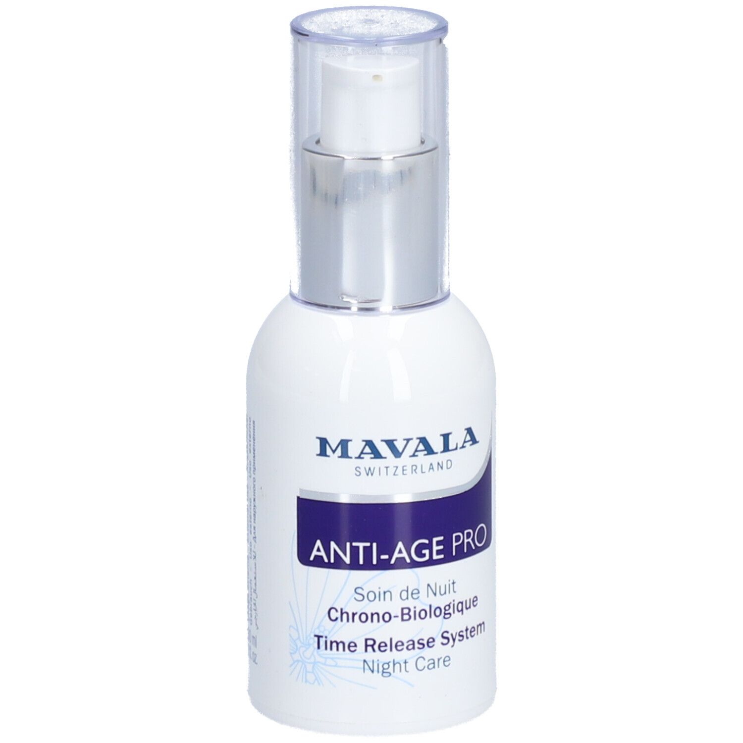 Flacon blanc avec pompe argentée. Inscription: MAVALA, ANTI-AGE PRO, Soin de Nuit. Couvercle transparent.