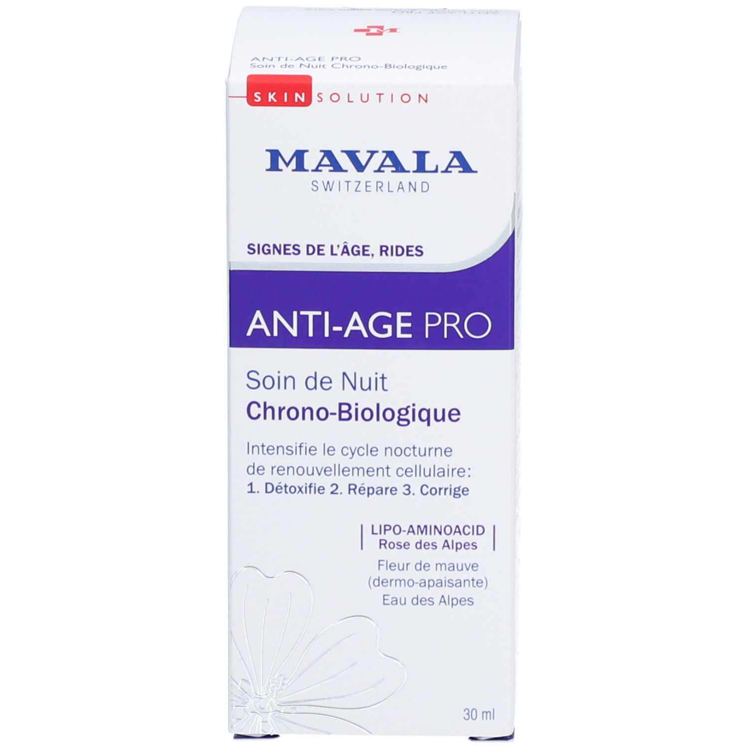 Emballage blanc avec inscription: MAVALA, ANTI-AGE PRO, Soin de Nuit. Signes de l'âge, rides. 30 ml.