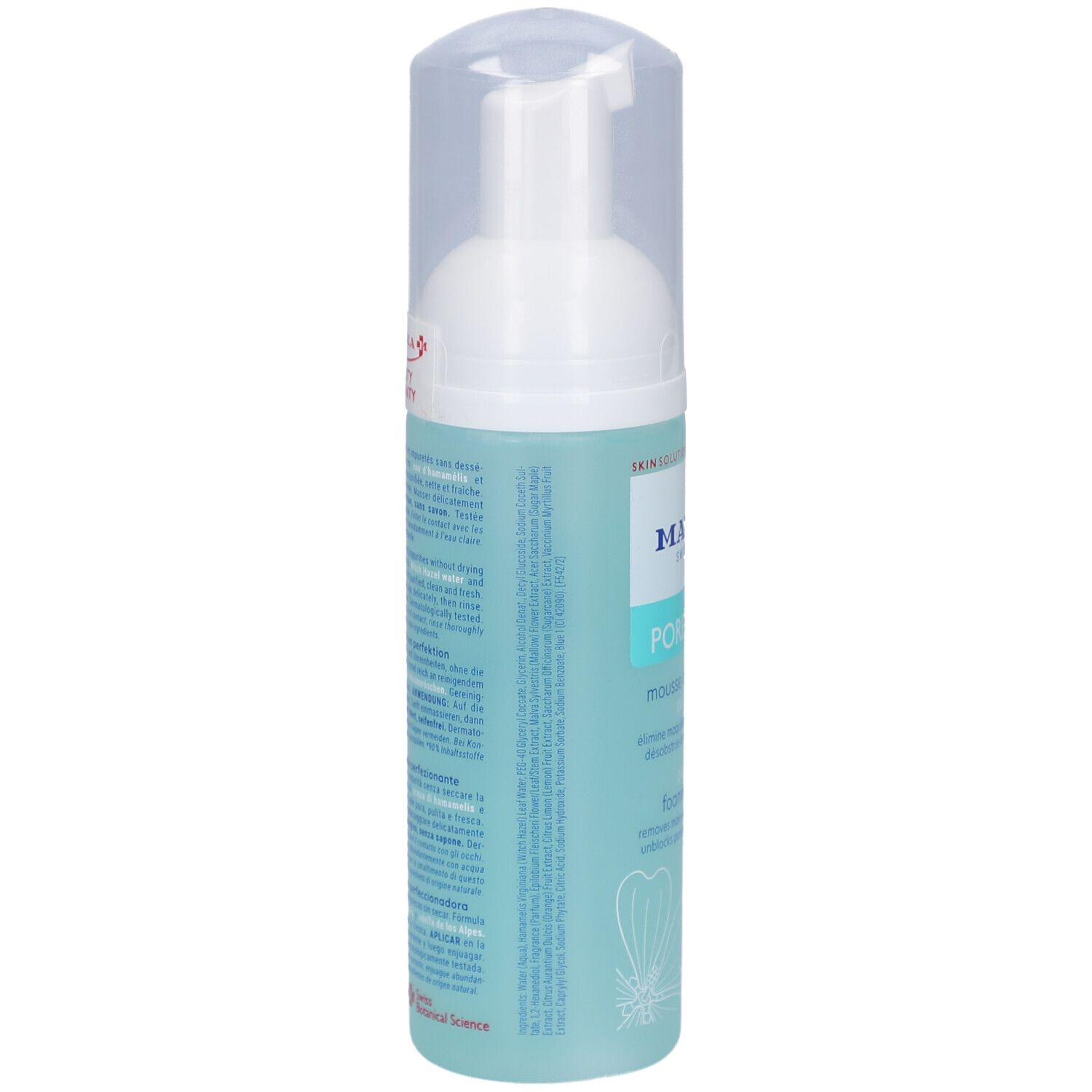 Flasche mit Reinigungsschaum. Türkis-weißes Design. Text: Mavala, PORE DETOX, Perfecting Foaming Cleanser. Rückseite mit Text.