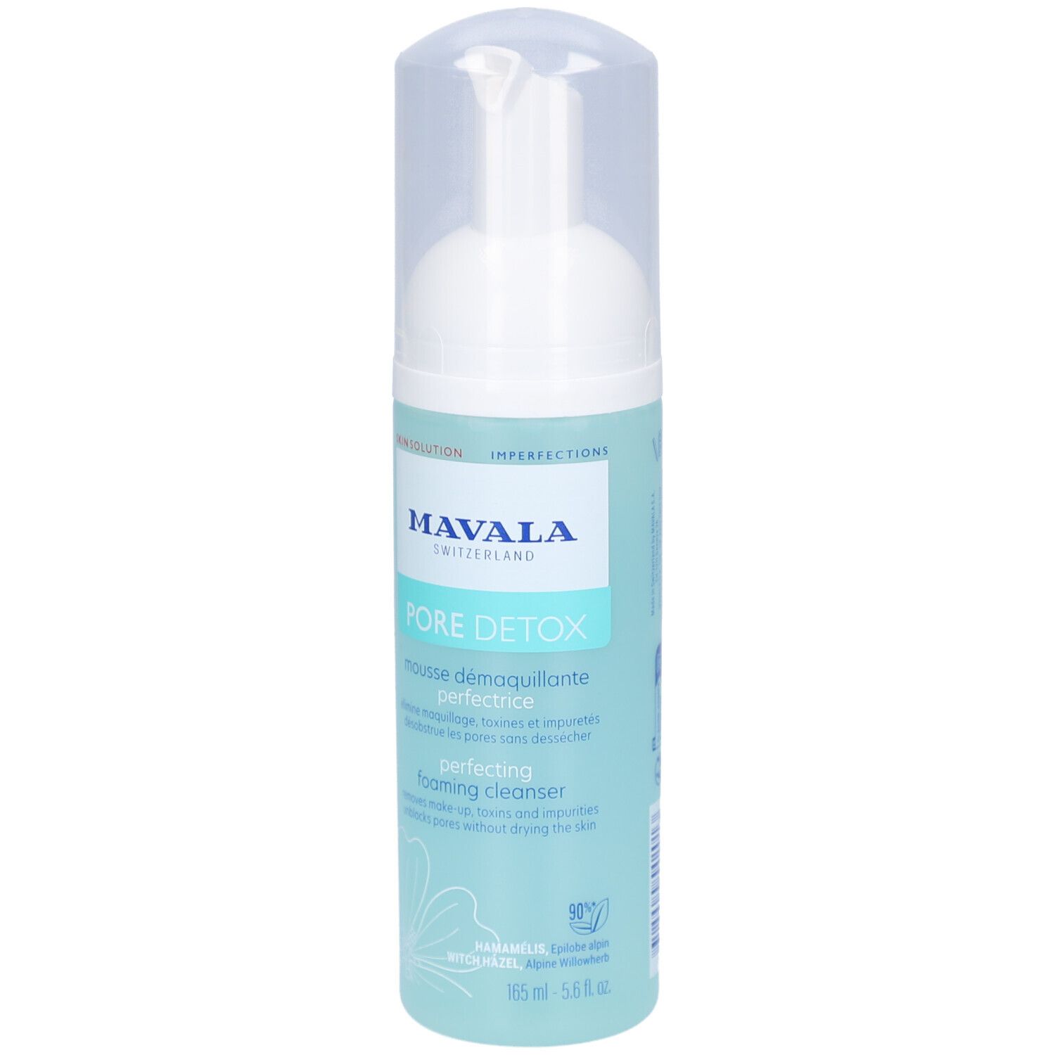 Reinigungsschaum-Flasche mit Sprühkopf. Marke: Mavala. Text: PORE DETOX, Perfecting Foaming Cleanser. Türkis-weißes Design.