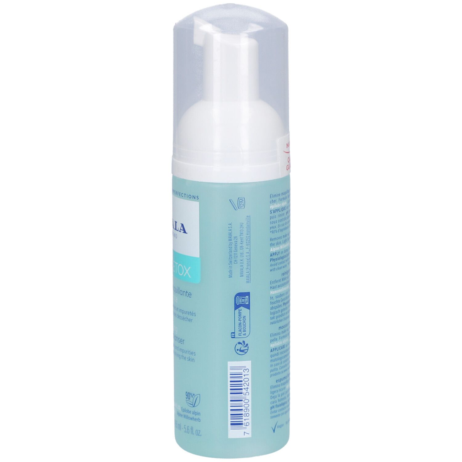 Rückseite der Reinigungsschaum-Flasche. Text: Mavala, PORE DETOX, Perfecting Foaming Cleanser. Türkis-weißes Design. Code.