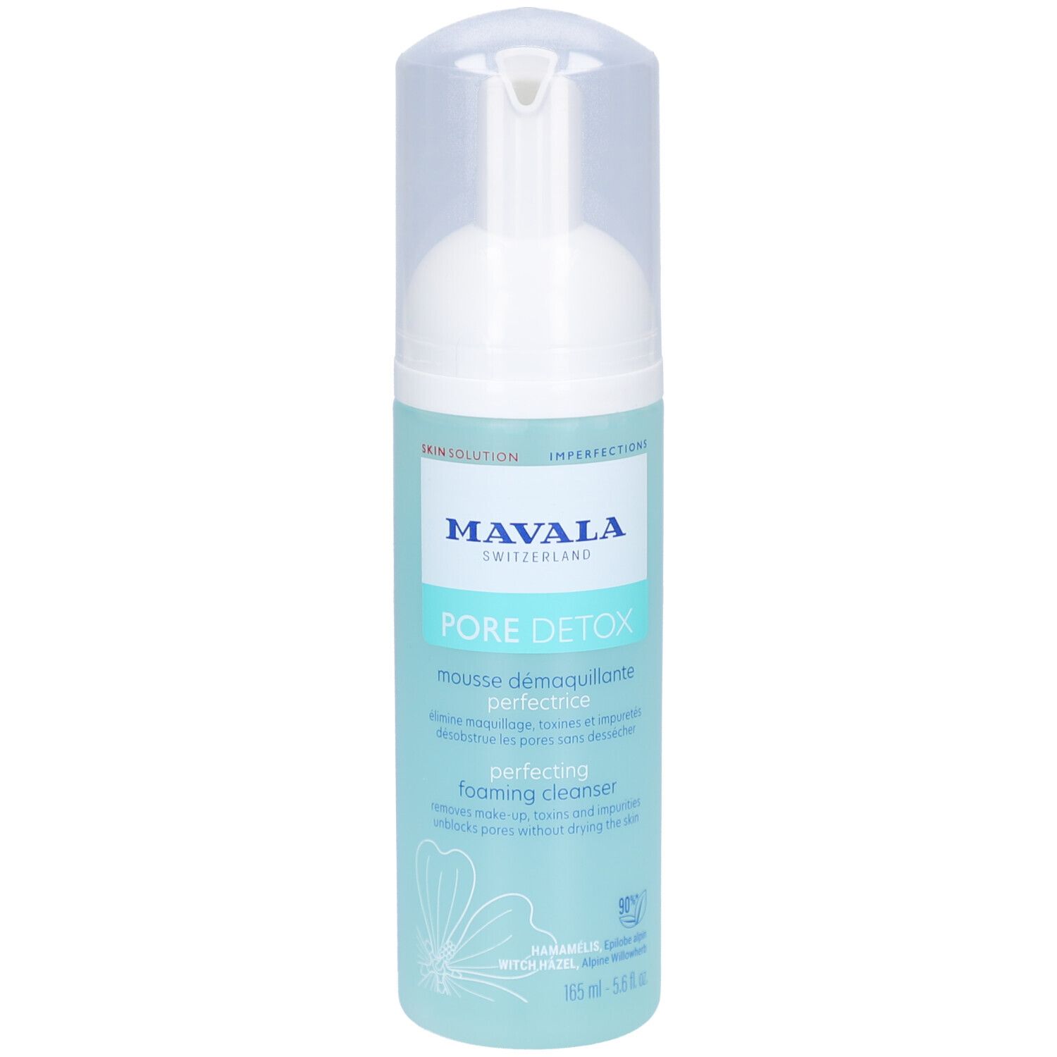 Reinigungsschaum-Flasche mit Sprühkopf. Marke: Mavala. Text: PORE DETOX, Perfecting Foaming Cleanser. Türkis-weißes Design.