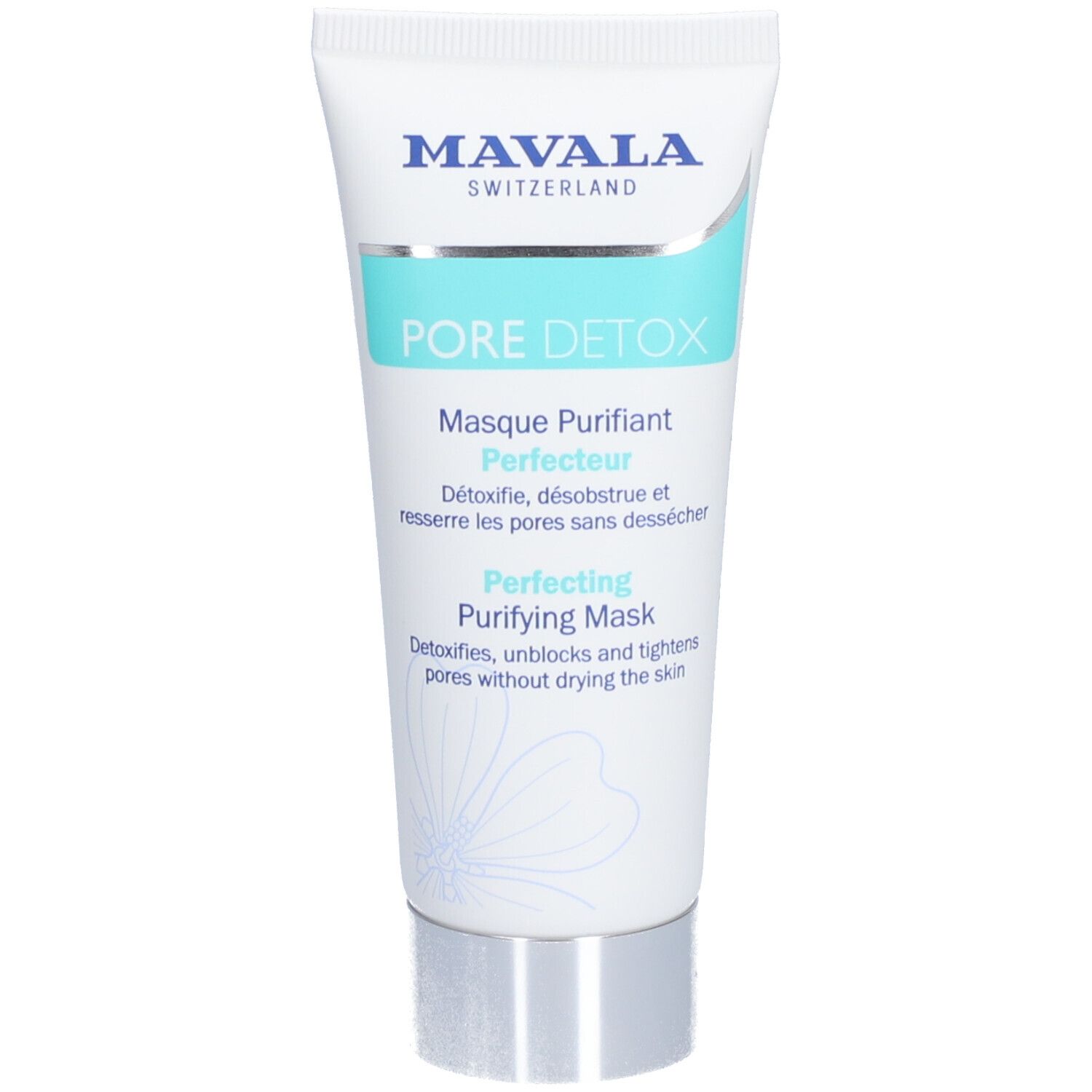 Weiße Tube mit blau-türkisen Akzenten. Enthält "PORE DETOX" und "Perfecting Purifying Mask".