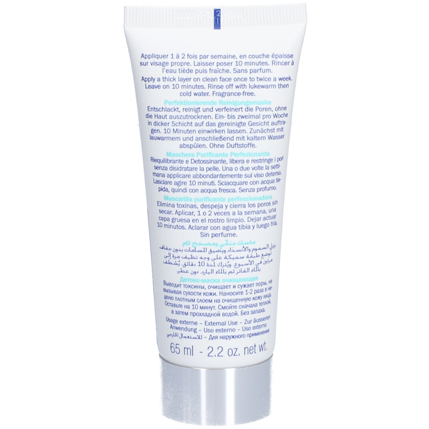 Rückseite der Tube mit mehrsprachigen Anwendungshinweisen. Enthält Text und Mengenangabe: 65 ml.