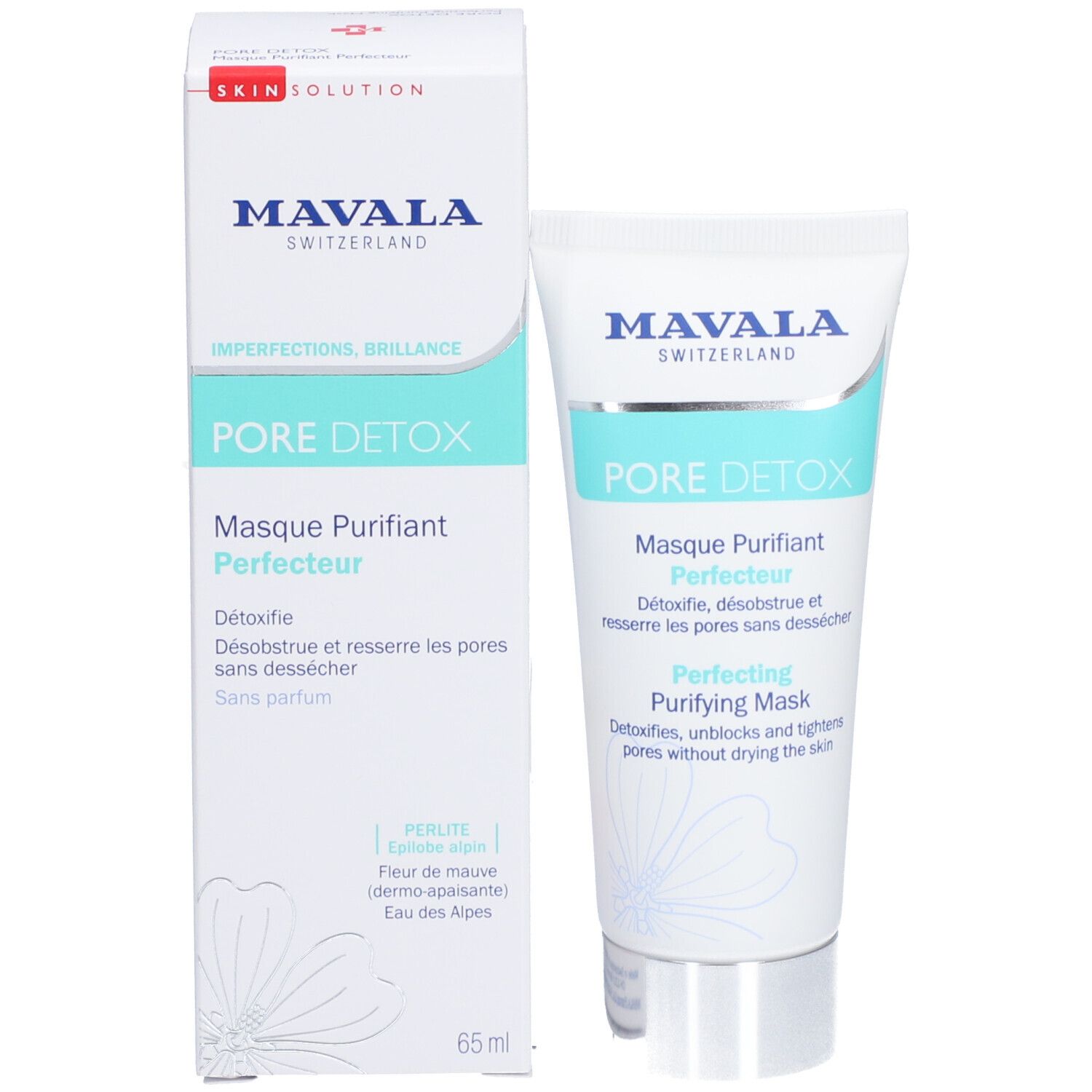Produktverpackung mit Tube und Karton. Karton mit "PORE DETOX" und "Perfecting Purifying Mask".