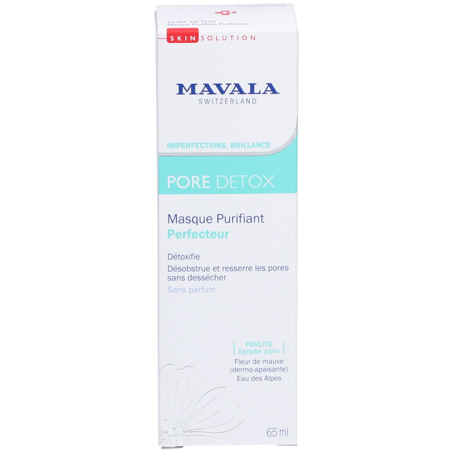 Weiße Produktverpackung mit blau-türkisen Akzenten. Enthält "PORE DETOX" und "Perfecting Purifying Mask".