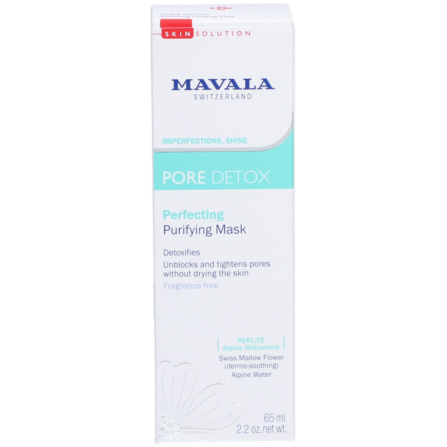 Produktverpackung mit Text. Enthält "PORE DETOX" und "Perfecting Purifying Mask". 65 ml.