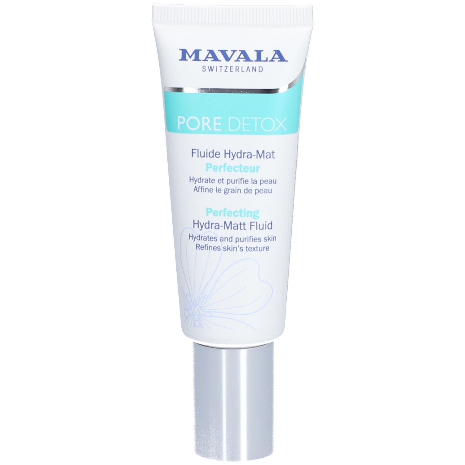 Tube blanc, bouchon argenté. Texte: Mavala, PORE DETOX, Perfecting Hydra-Matt Fluid. Accents turquoise.