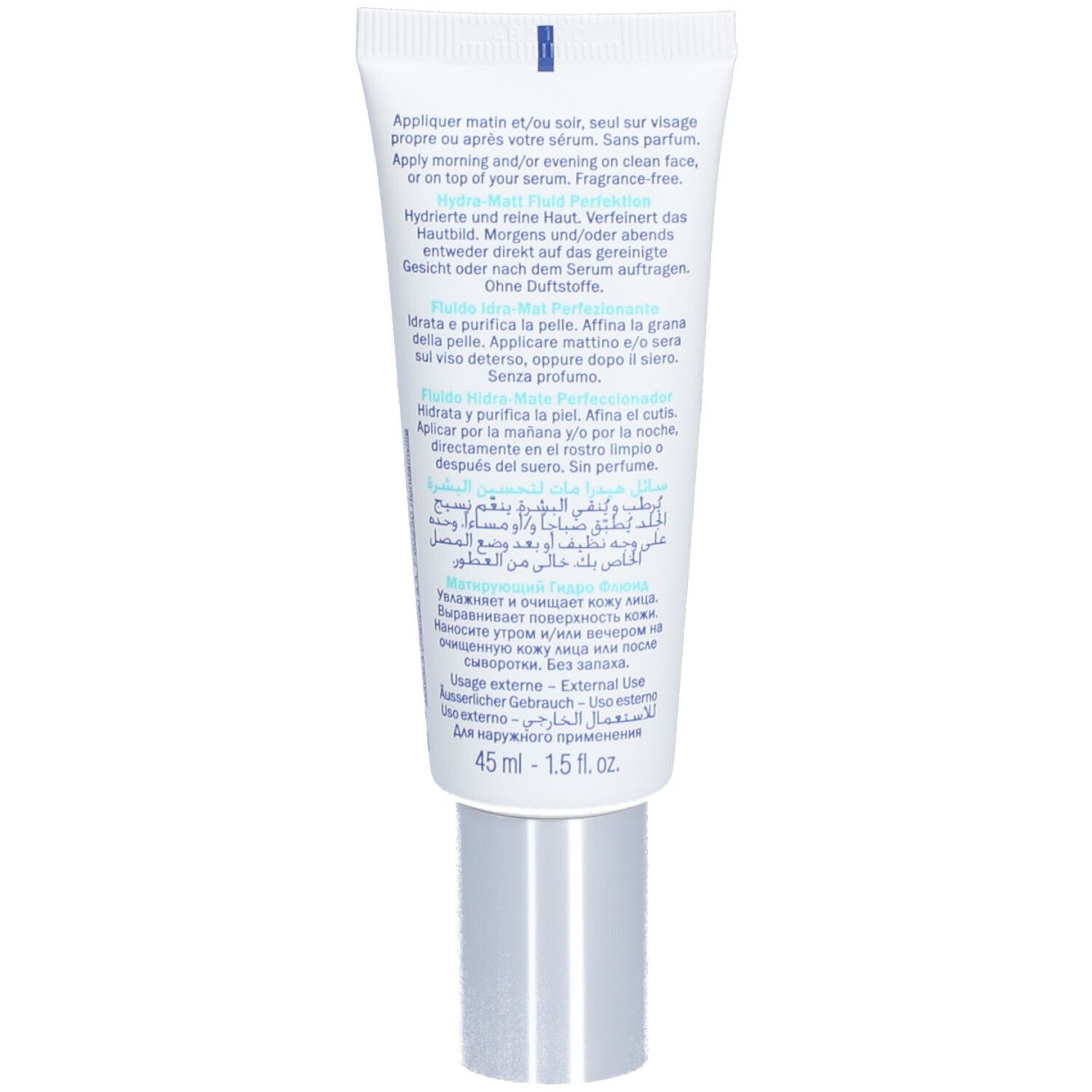 Dos du tube. Texte multilingue: utilisation, ingrédients, 45 ml, 1.5 fl. oz.