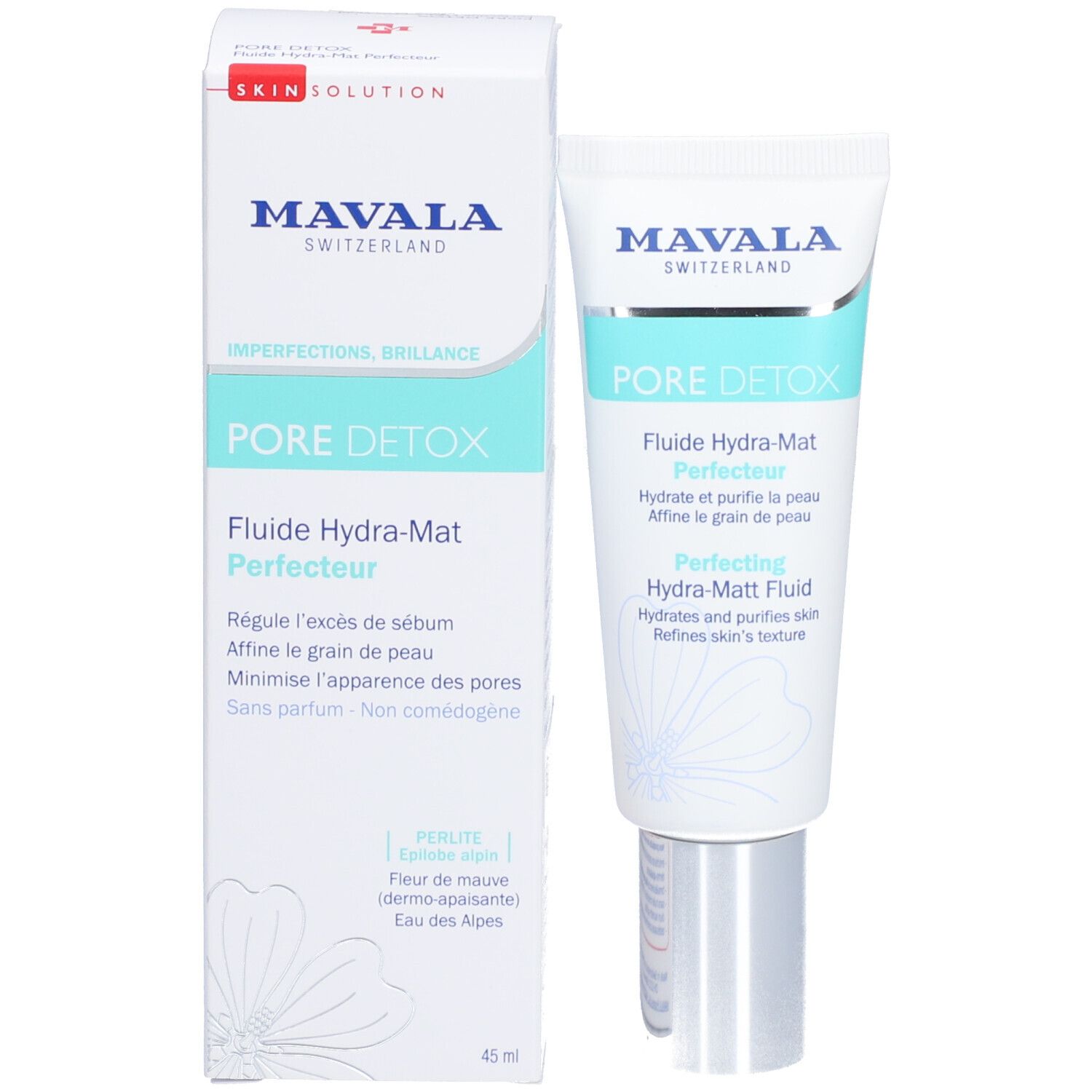 Emballage et tube. Boîte blanche avec accents turquoise. Texte: Mavala, PORE DETOX, Perfecting Hydra-Matt Fluid.