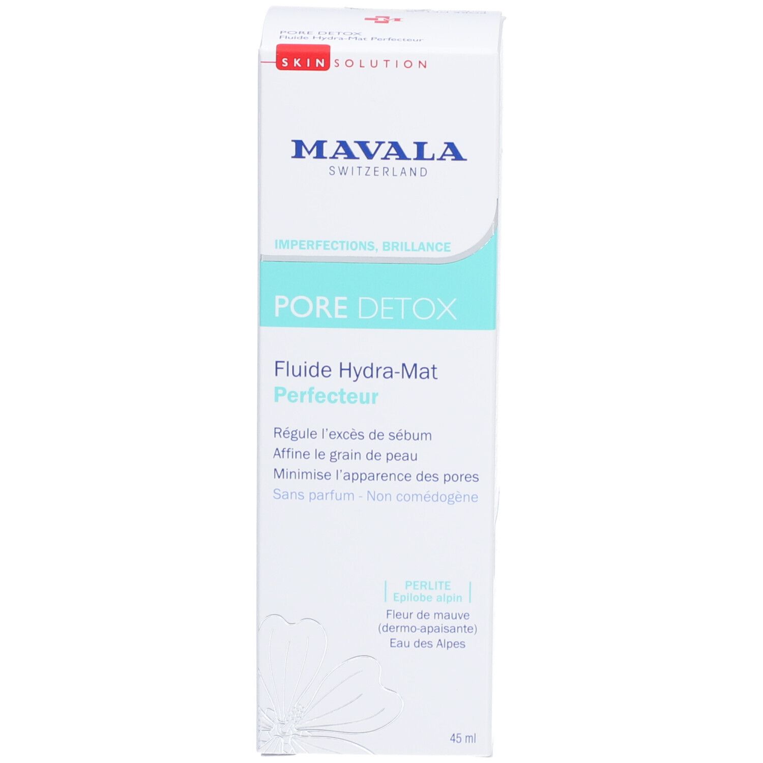 Emballage. Boîte blanche avec accents turquoise. Texte: Mavala, PORE DETOX, Perfecting Hydra-Matt Fluid.