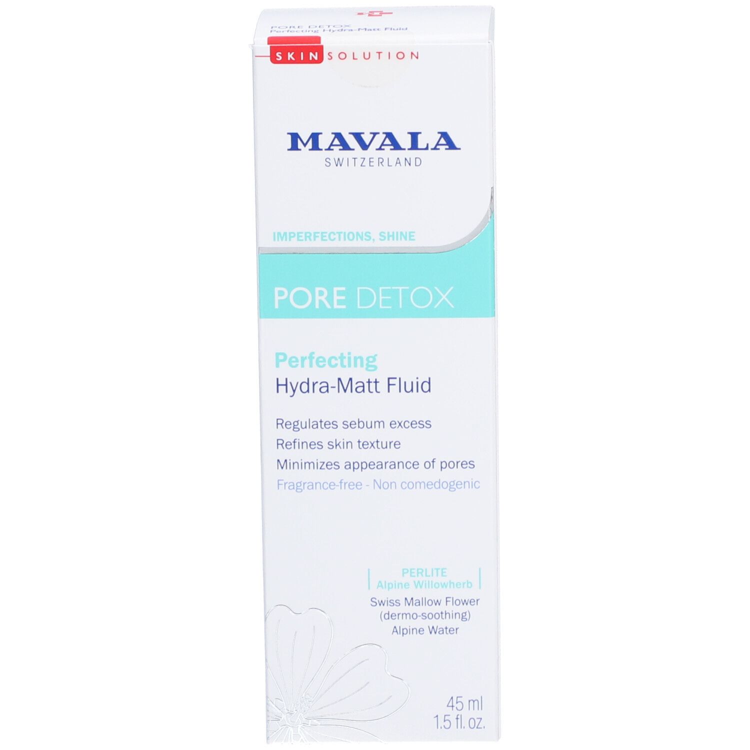 Emballage. Boîte blanche. Texte: Mavala, PORE DETOX, Perfecting Hydra-Matt Fluid. 45 ml.