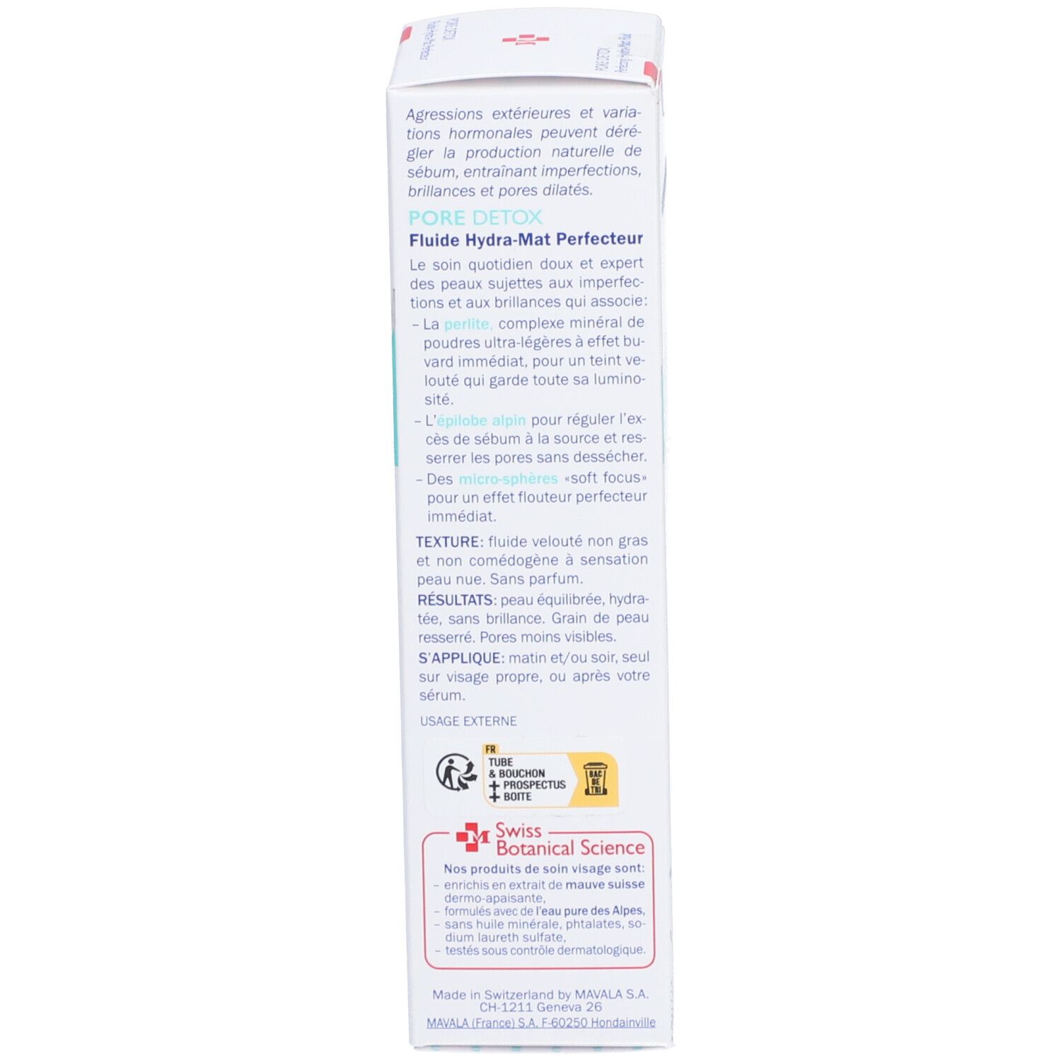 Dos de l'emballage. Texte multilingue: utilisation, ingrédients, Swiss Botanical Science.