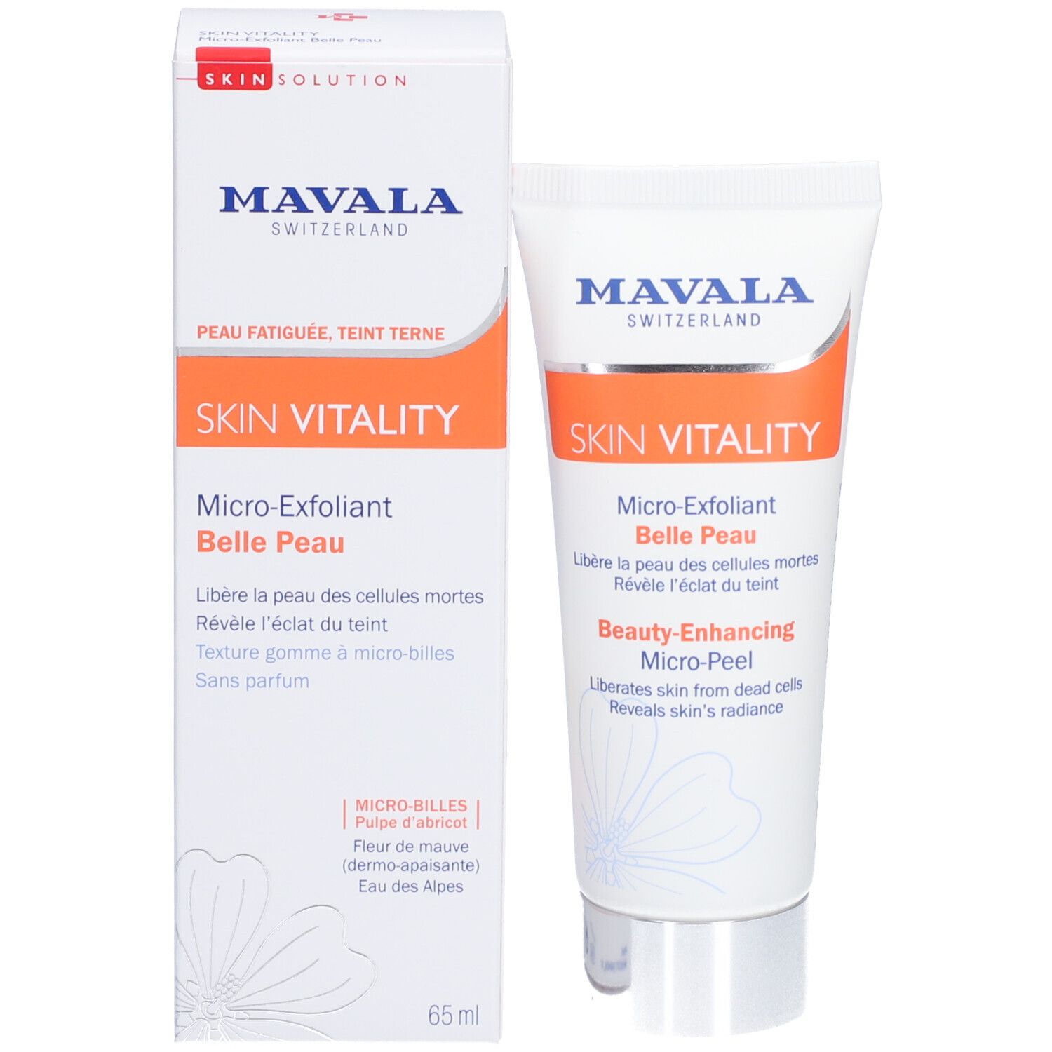 Emballage du produit avec tube et boîte. Boîte avec logo MAVALA, SKIN VITALITY et nom du produit.