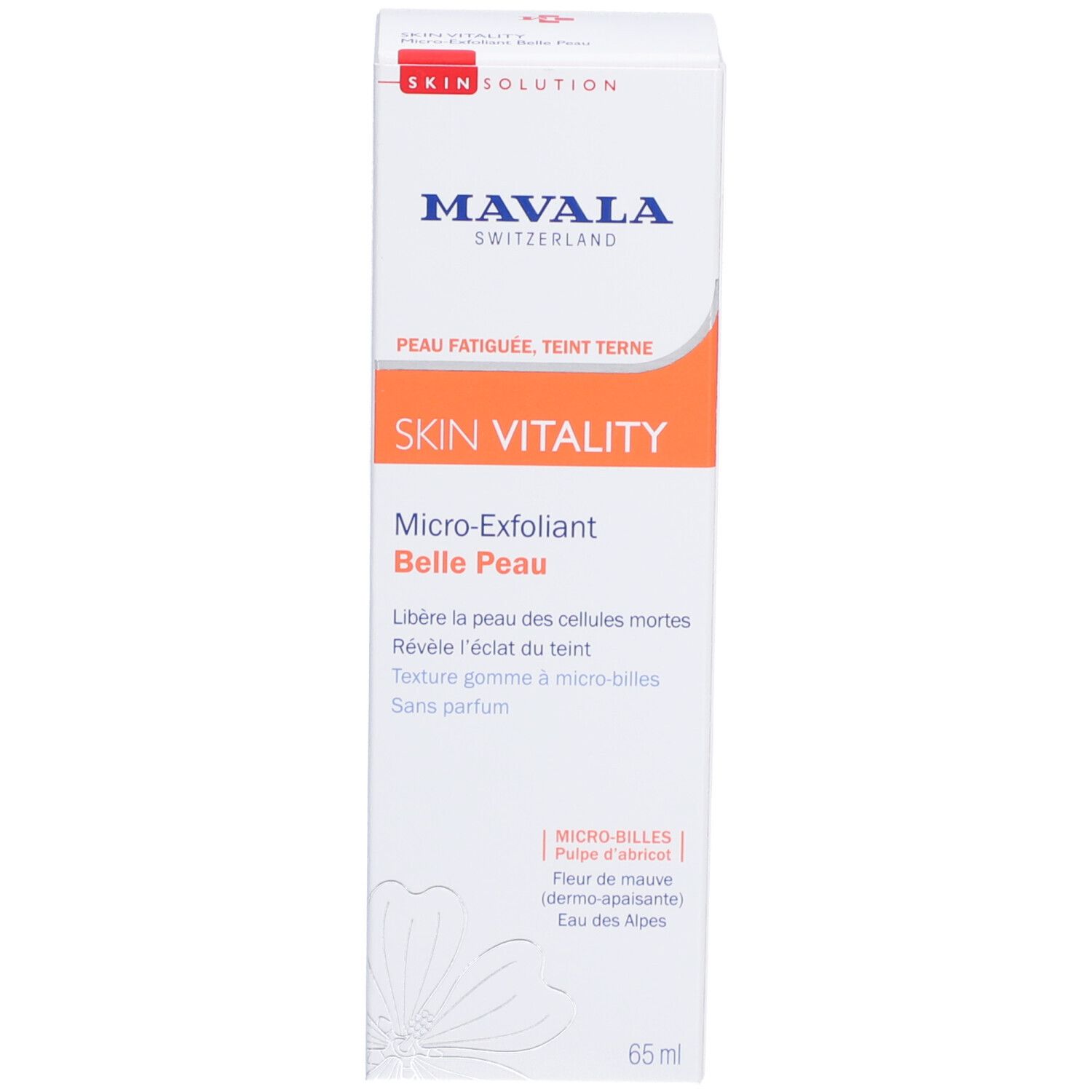 Emballage en carton avec logo MAVALA et inscription SKIN VITALITY. Contient des informations et ingrédients.